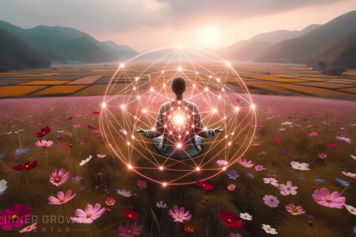 A person meditating in a field with an unbreakable heart space.