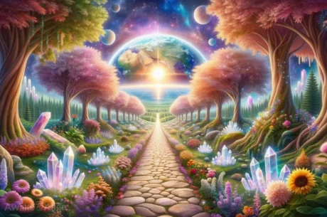 A pathway lined with trees, flowers, and crystals leading to a 5d earth, representing the spiritual journey towards Unity Consciousness.