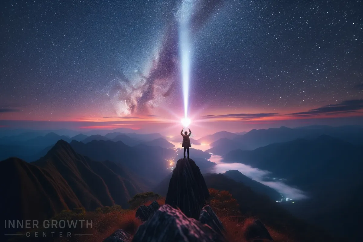 A person stands with light coming out of his hands up into the sky representing communicating with the universe 