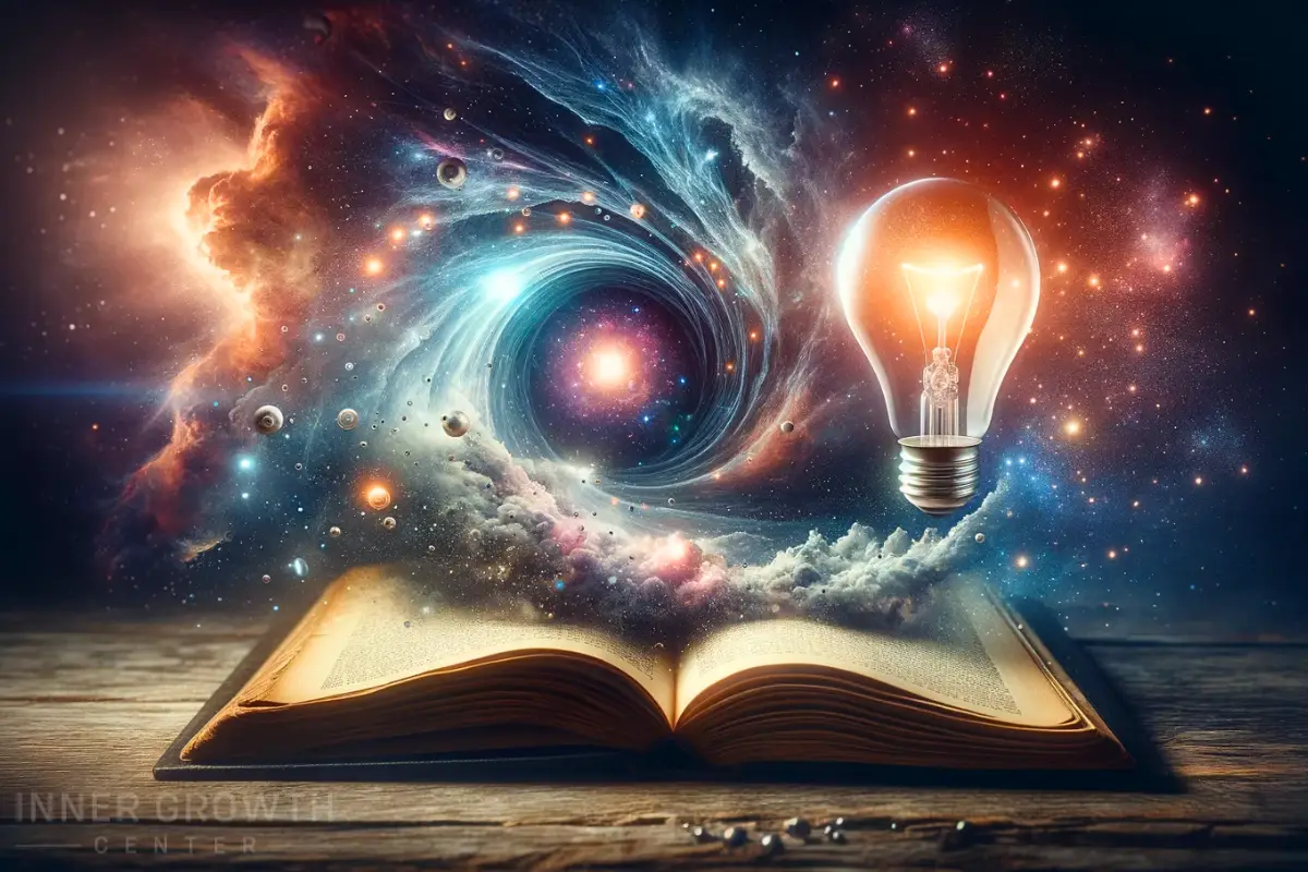 An open book with its pages morphing into a cosmic scene, symbolizing the universe, and an enlightened lightbulb floating above, representing understanding and wisdom in grasping the Law of Relativity.