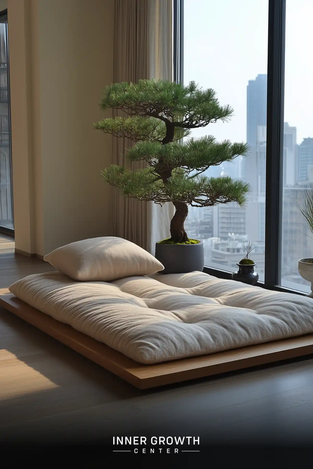 A minimalist meditation platform with white cushions positioned by a window featuring a carefully shaped bonsai pine tree against a city skyline.