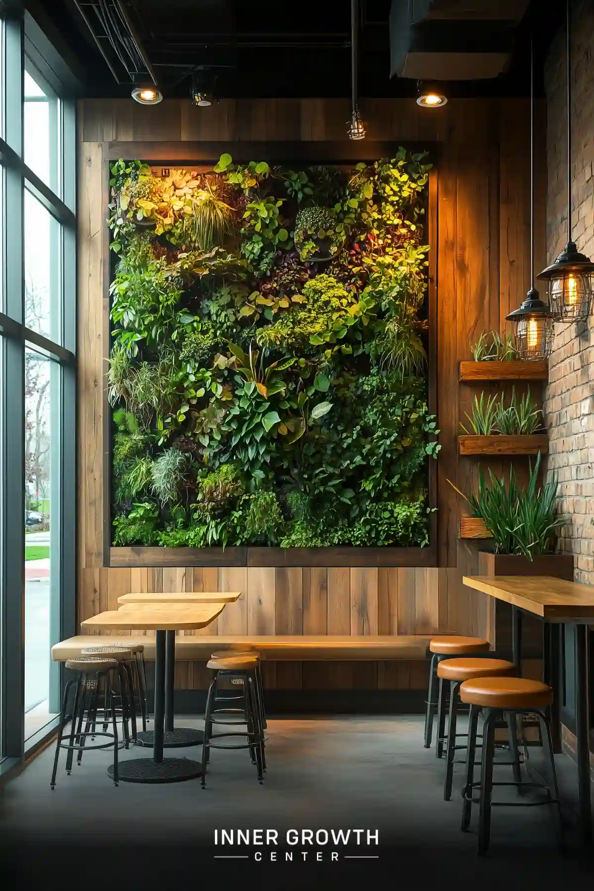 Modern café seating area featuring a large living wall garden, industrial lighting, and wooden wall panels with bar-height tables and stools.