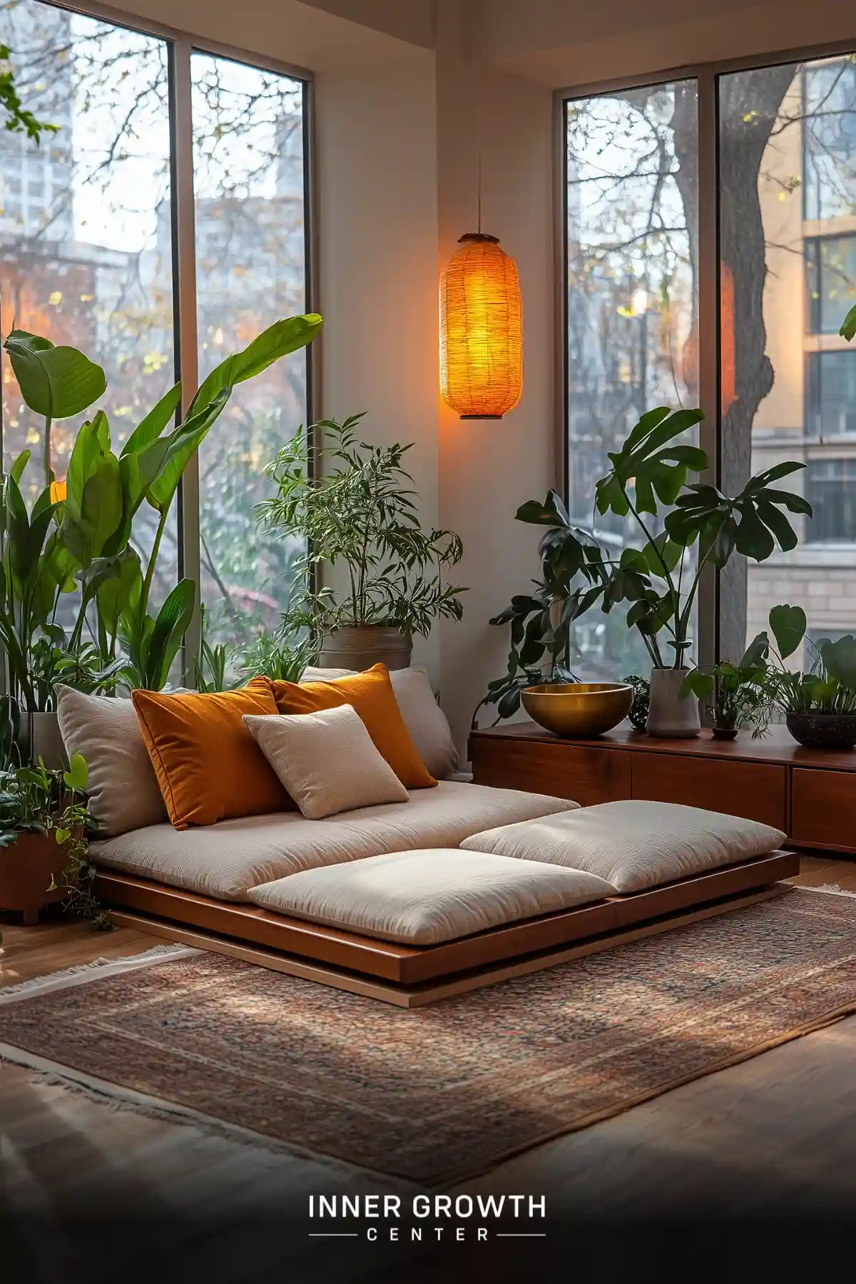 A cozy meditation space with large windows, lush plants, and a low wooden platform bed surrounded by greenery.