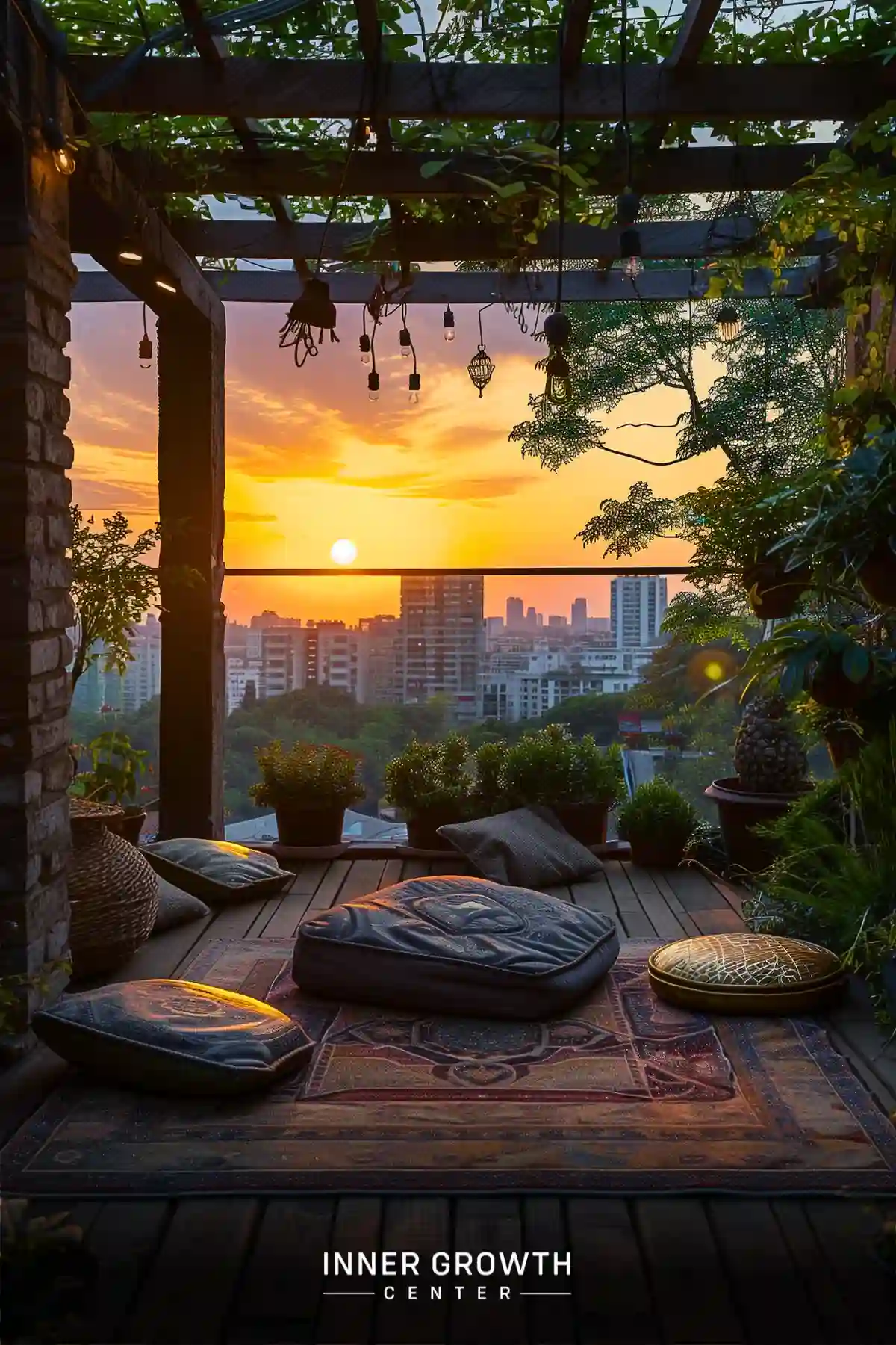 A cozy balcony meditation space overlooking a city skyline at sunset, adorned with plants and cushions.