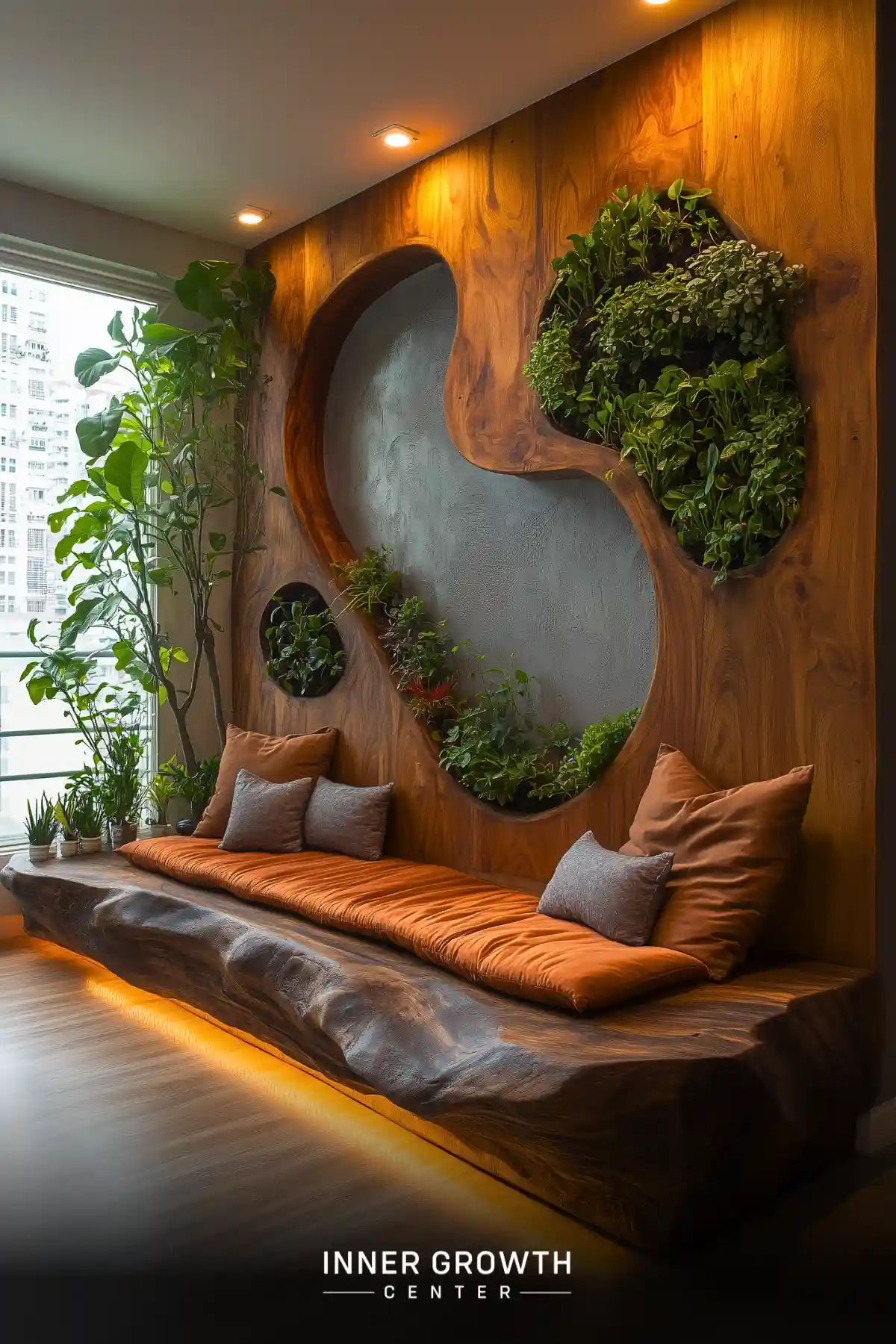 Wooden meditation space with organic-shaped plant wall and comfortable seating overlooking city view.