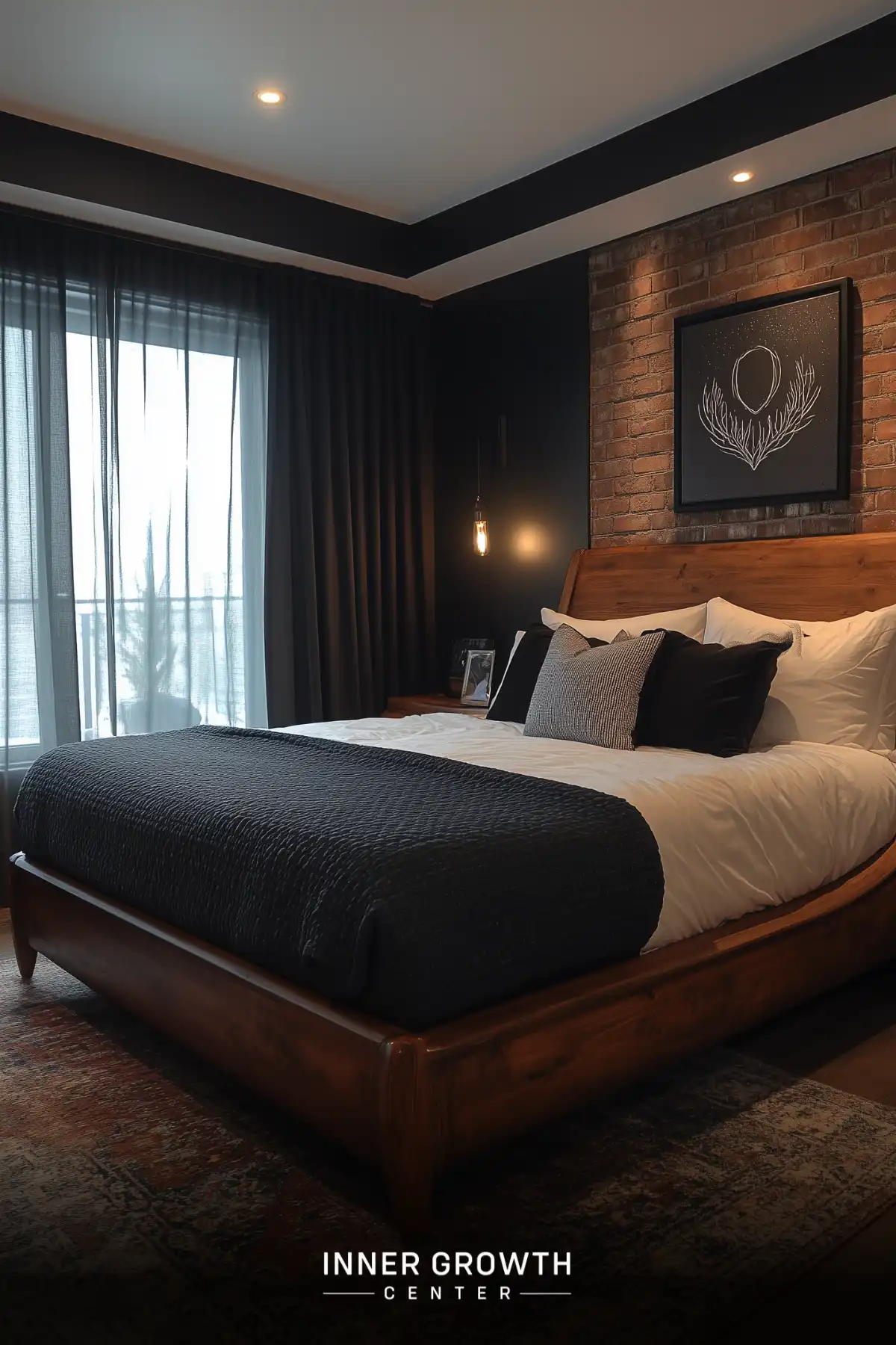 Modern bedroom with dark walls, wooden bed, exposed brick, and minimalist artwork.