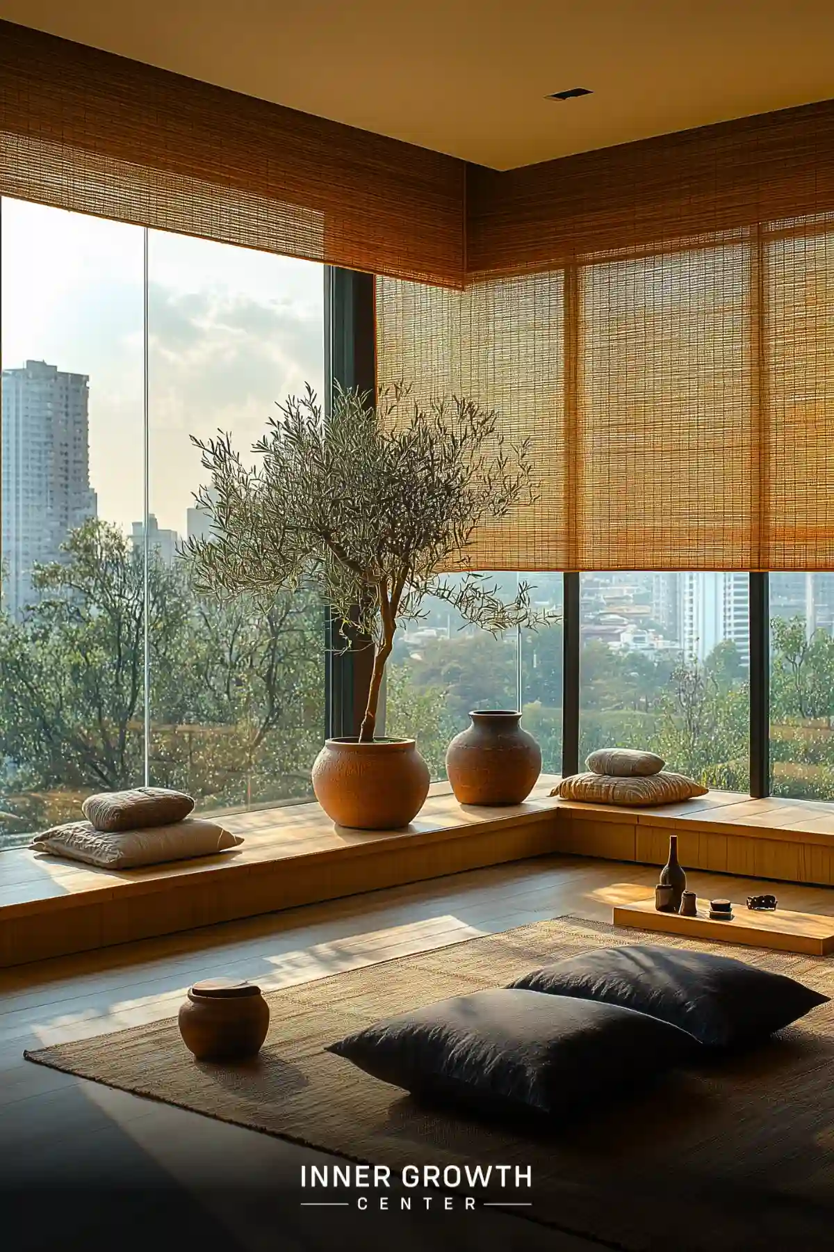 A minimalist meditation space with floor-to-ceiling windows overlooking a city skyline, featuring an olive tree and cushions.