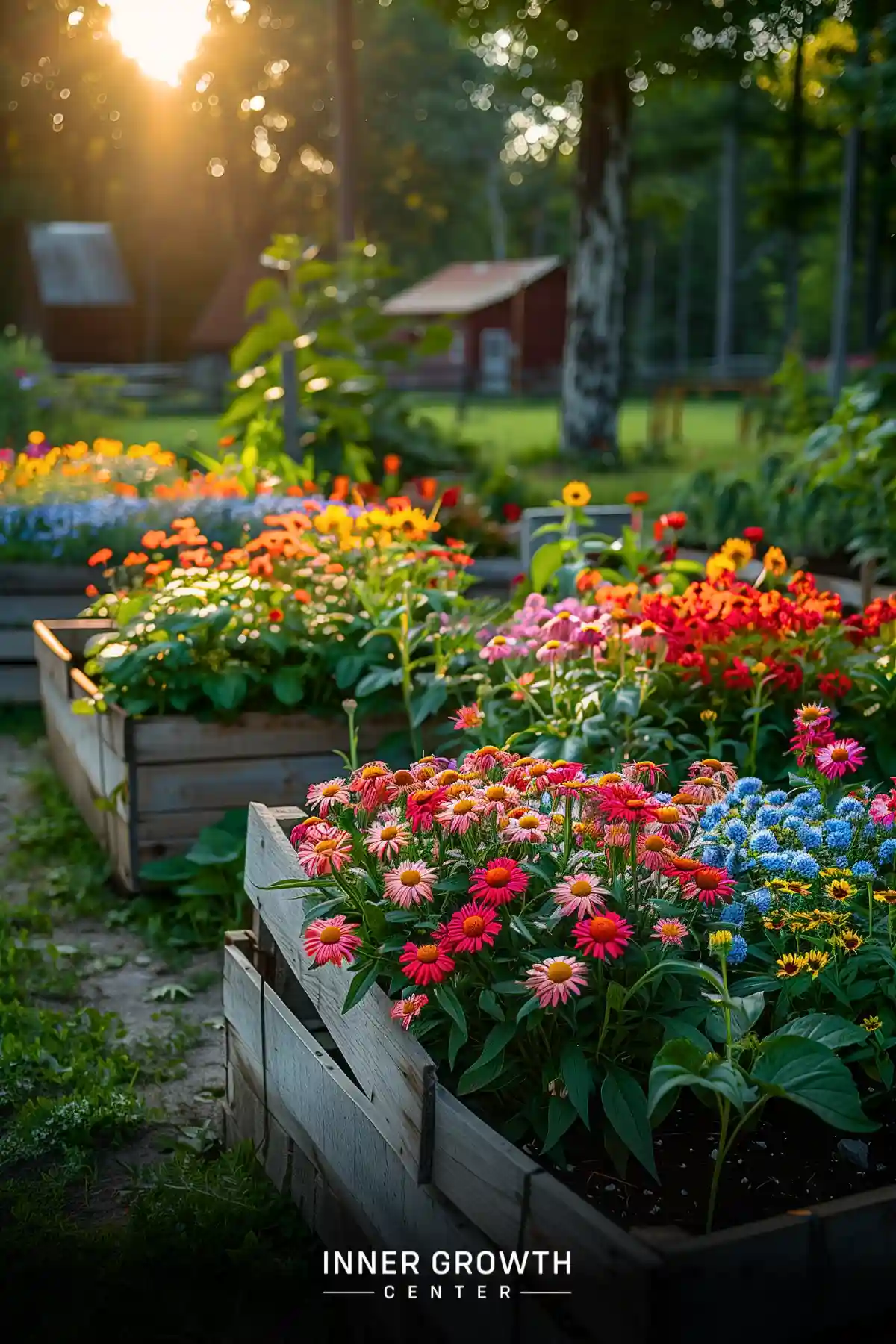 Sunlit garden with raised wooden beds full of colorful flowers, surrounded by trees and grass.