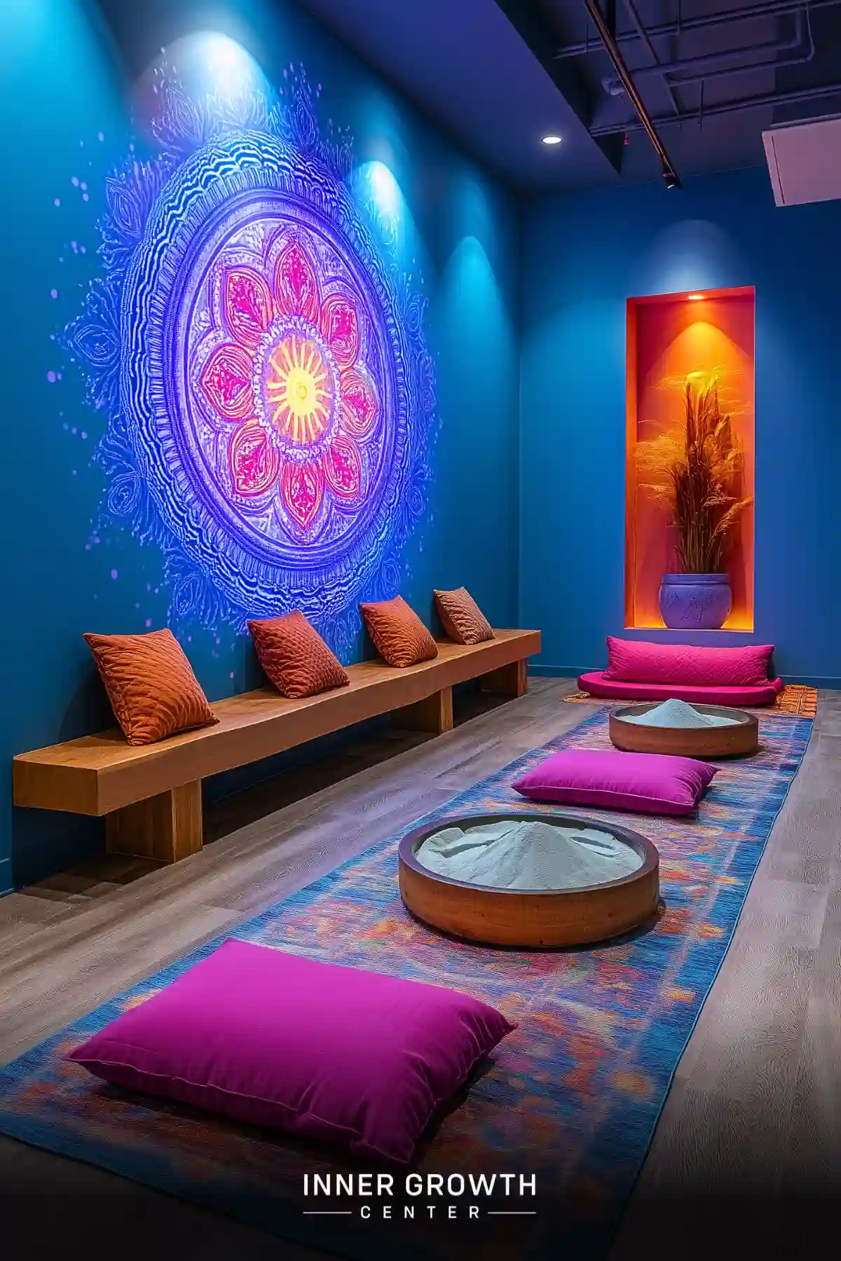 A colorful meditation room with a glowing mandala mural, zen sand gardens, and comfortable seating.