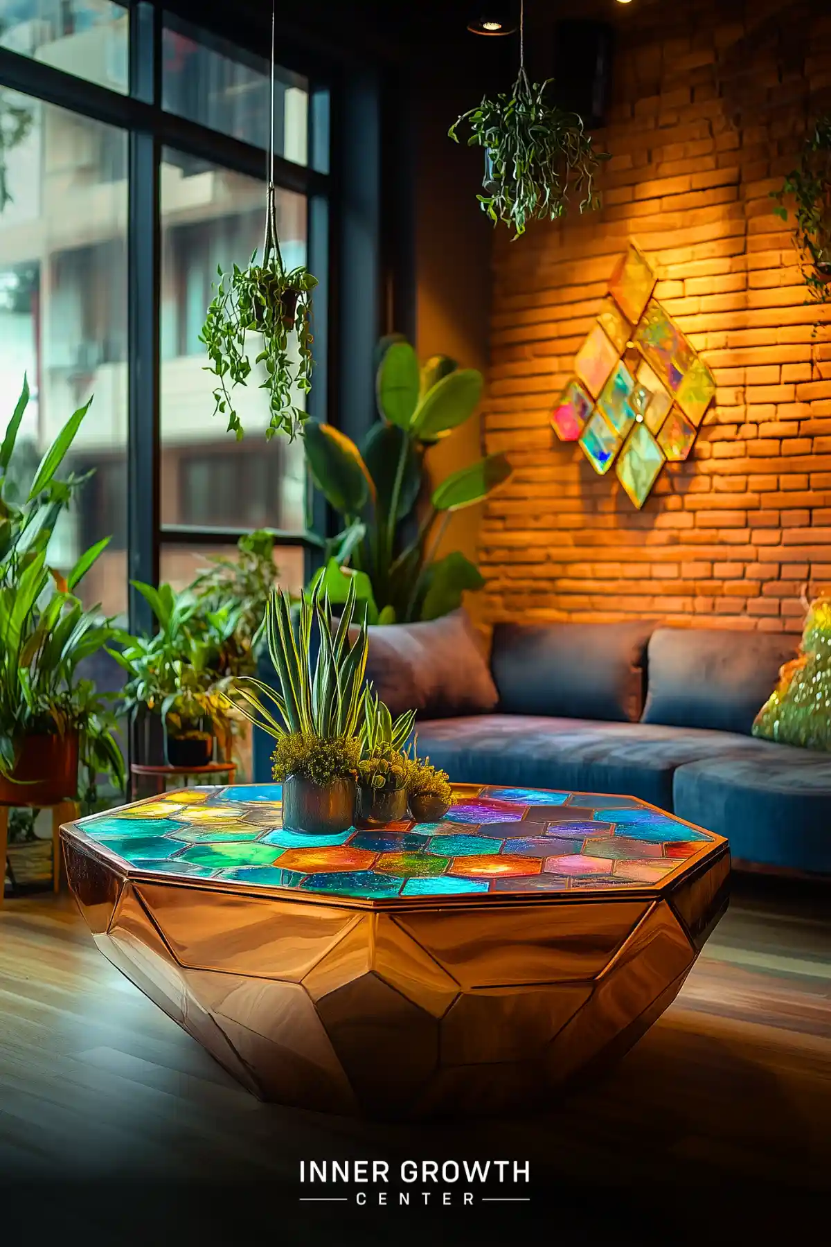 Cozy lounge with colorful mosaic coffee table, plants, and brick wall