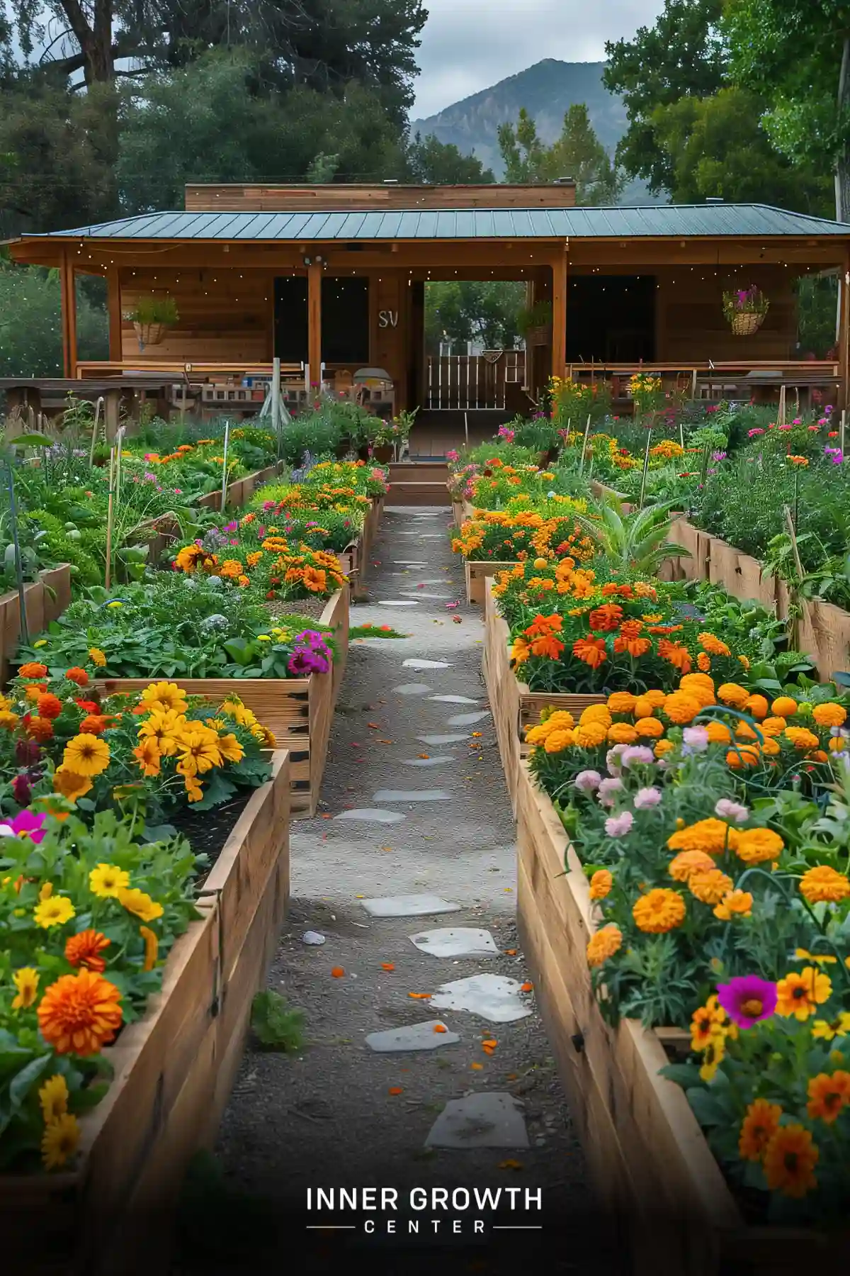 A stone path lined with raised flower beds leads to a wooden cabin surrounded by mountains.