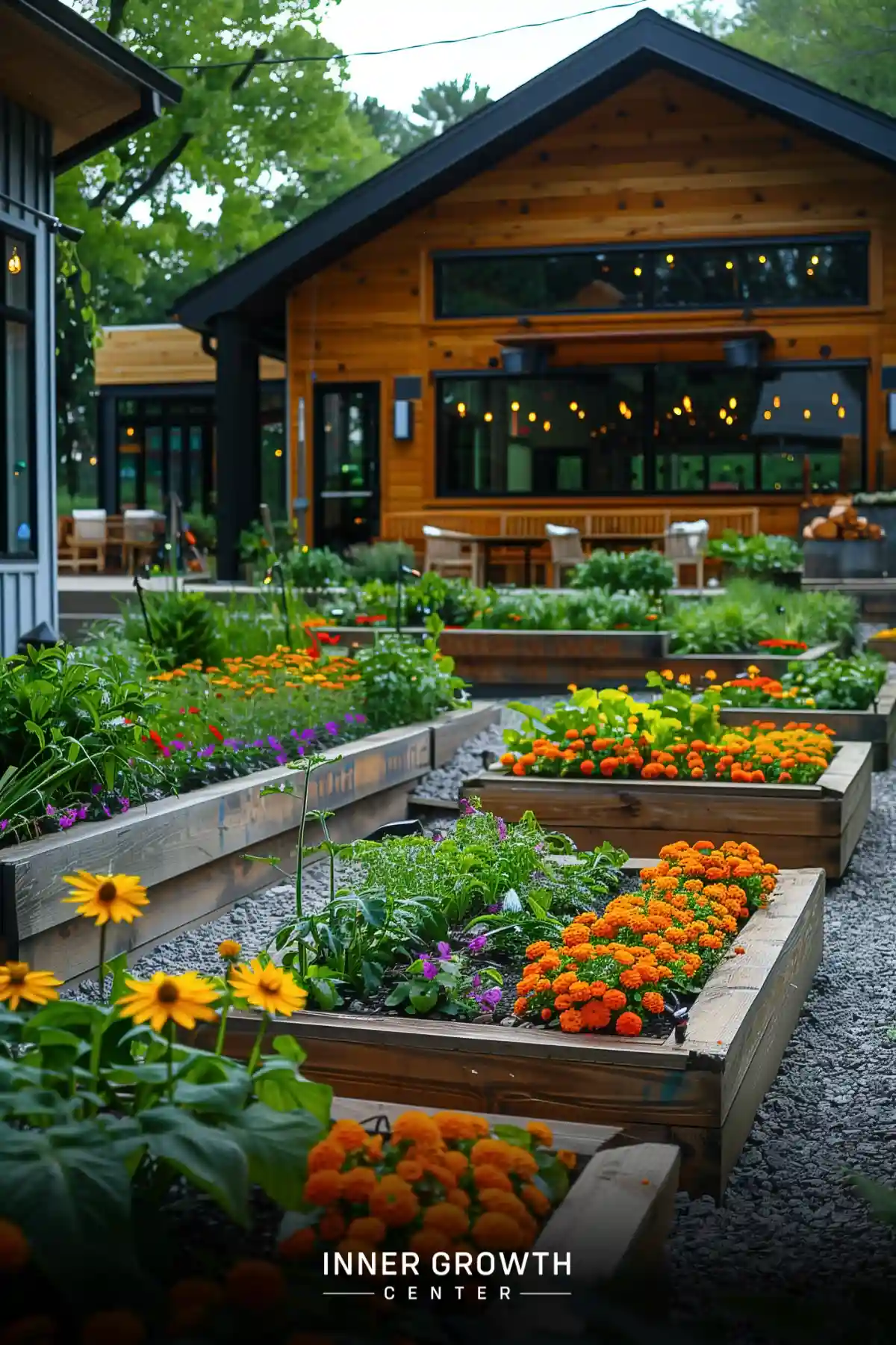 A lush garden with colorful flowers in raised wooden beds, leading to a rustic wooden building with string lights.