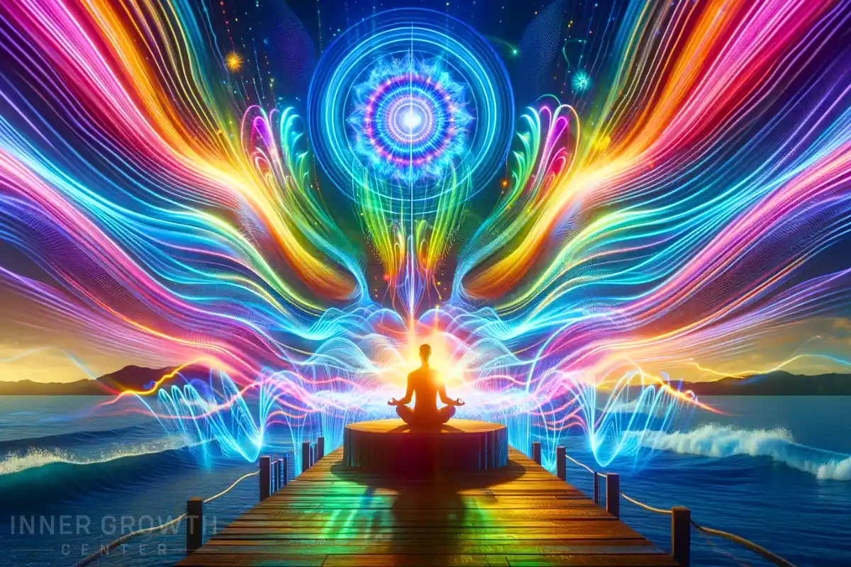 A meditating person surrounded by colorful energy waves, depicting the alignment of internal vibrations for positive outcomes.