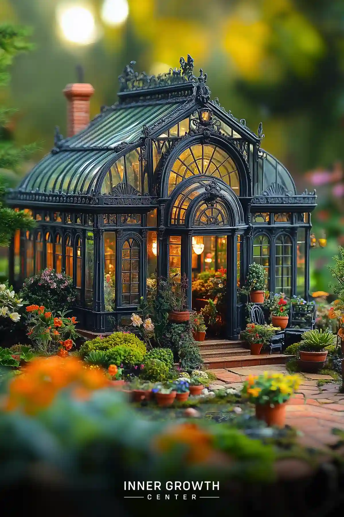 A miniature black iron and glass conservatory glowing warmly from within, surrounded by tiny potted flowers and garden paths.