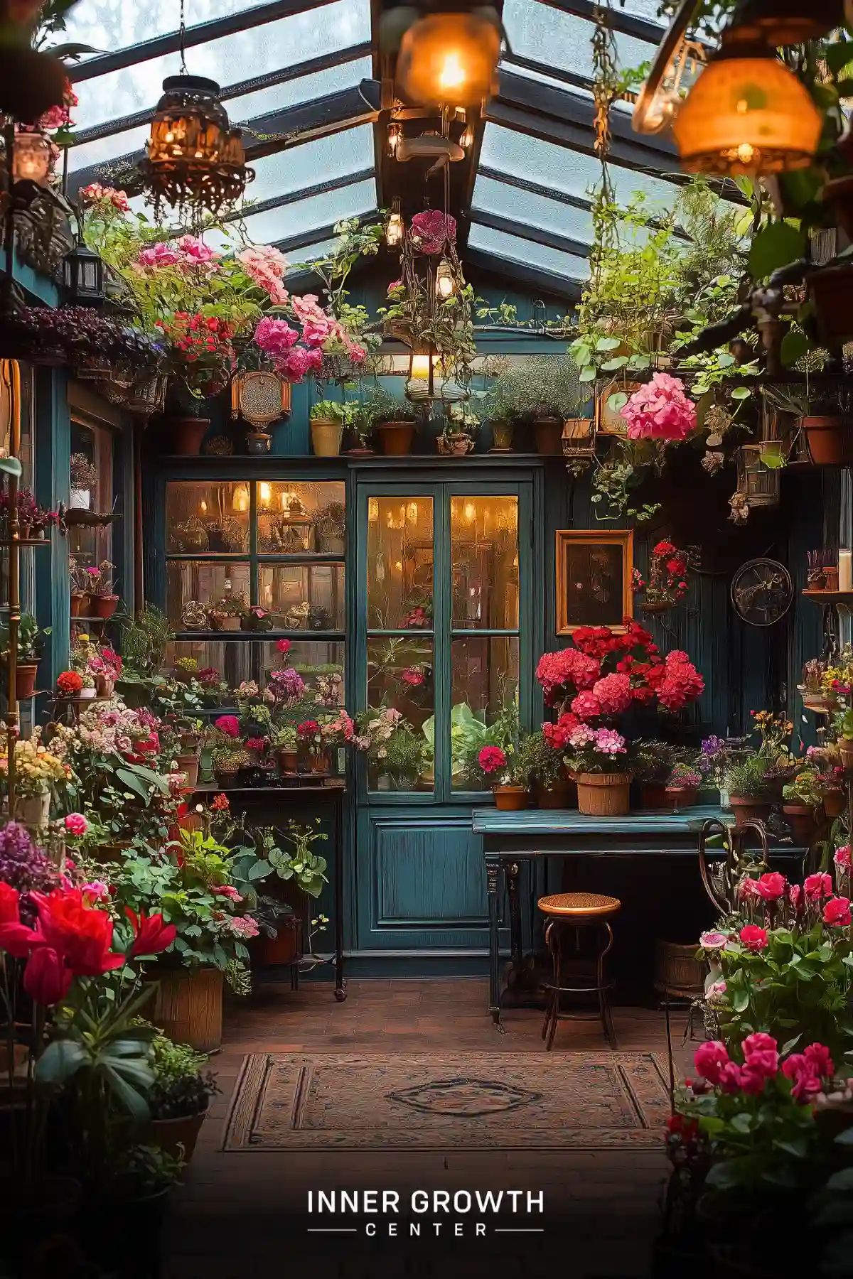 A cozy greenhouse corner with teal cabinets, vintage lighting, and abundant pink flowers surrounds an intimate seating area with antique furniture.