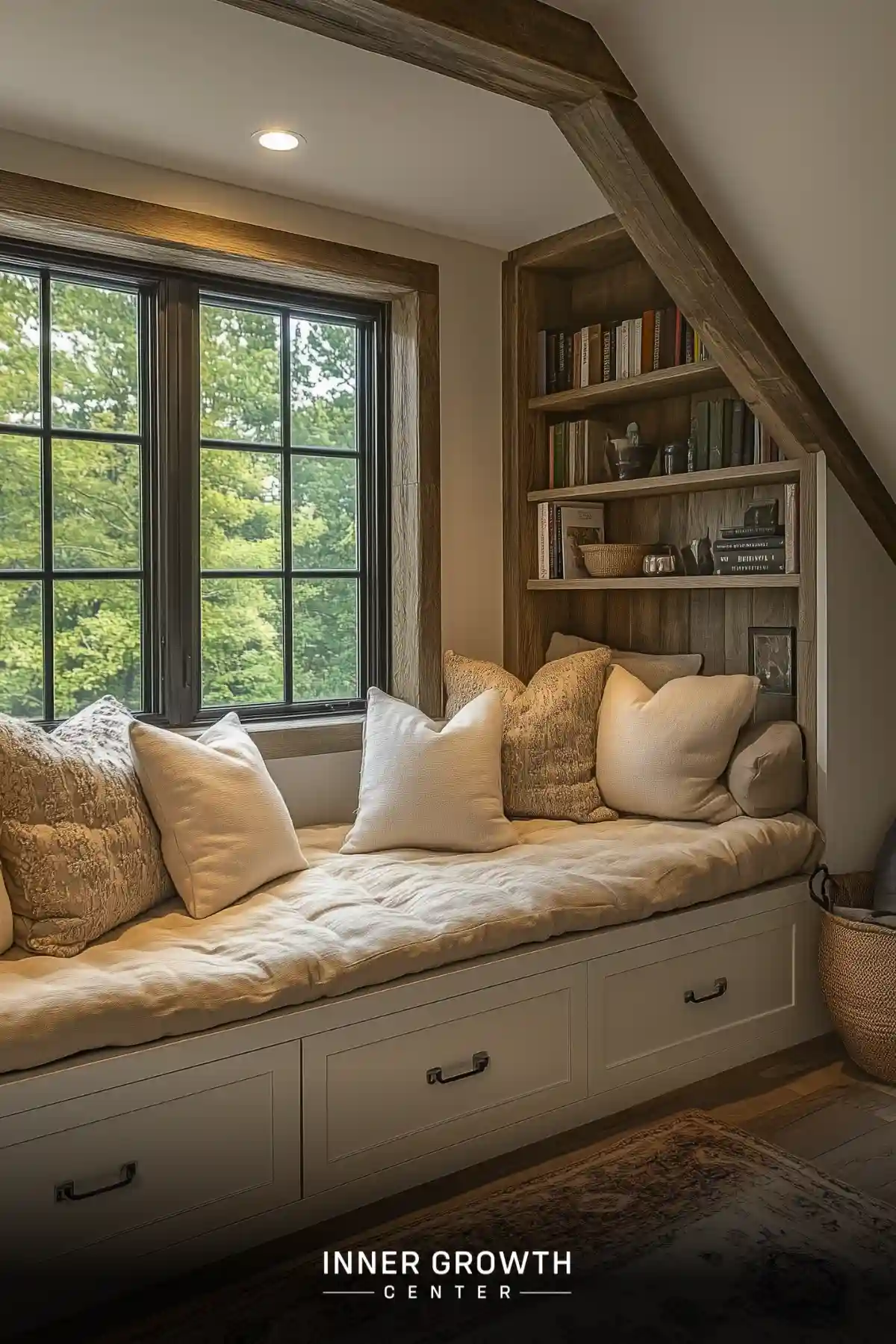 A window seat with cream cushions and storage drawers features dark wood beams, built-in bookshelves, and grid windows overlooking leafy trees in a bedroom