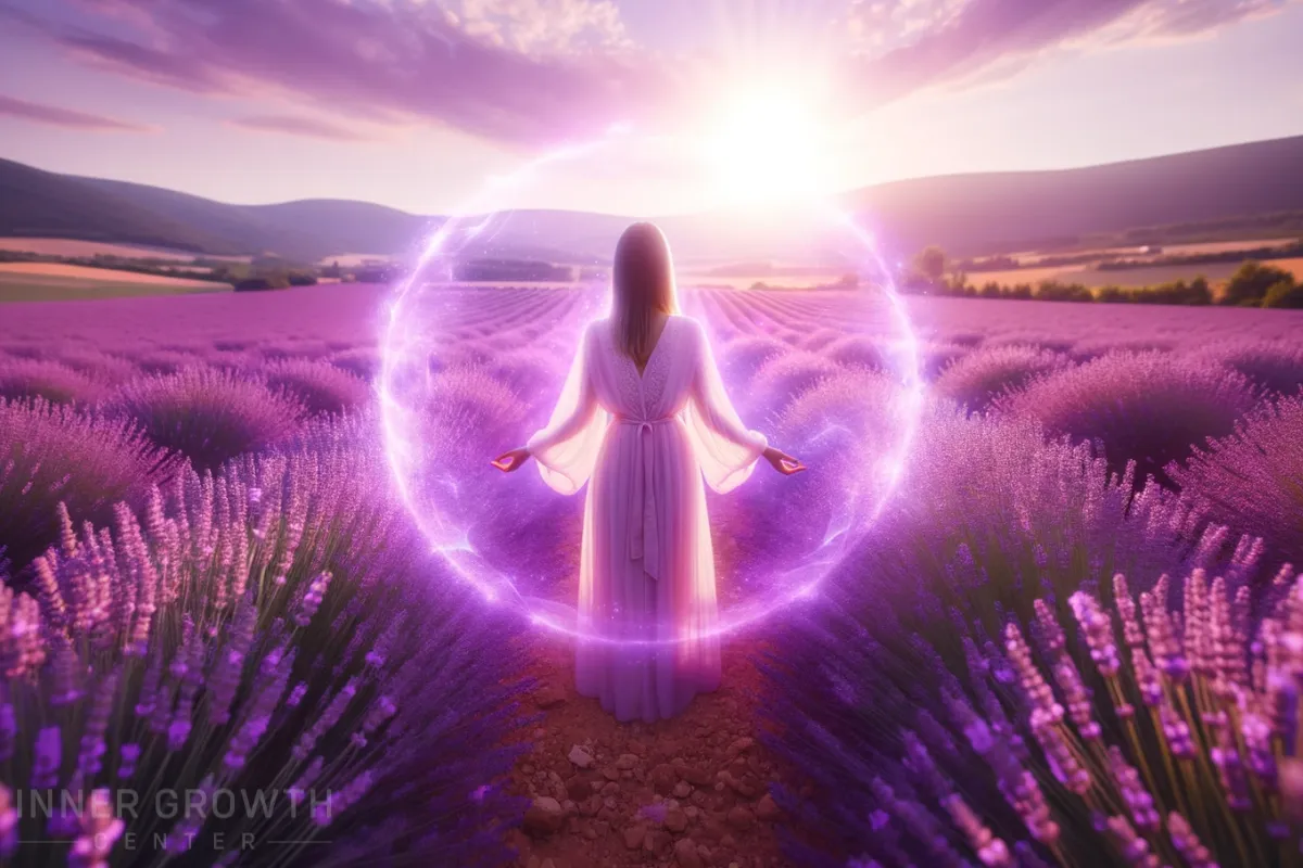 A woman with a violet aura in a purple field.