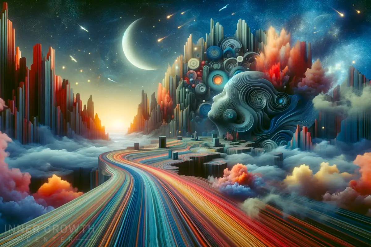 A colourful road, with a moon and a face in the background symbolising vivid dream meanings.