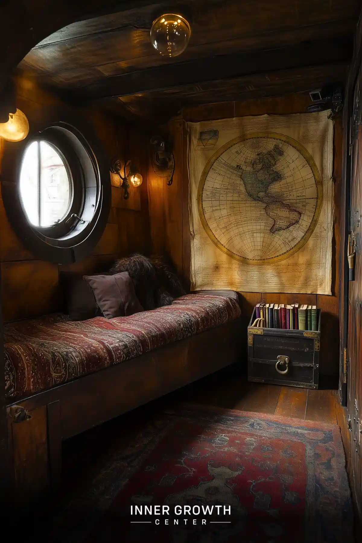 A cozy ship cabin-inspired reading nook with a bed, antique world map, and porthole window.