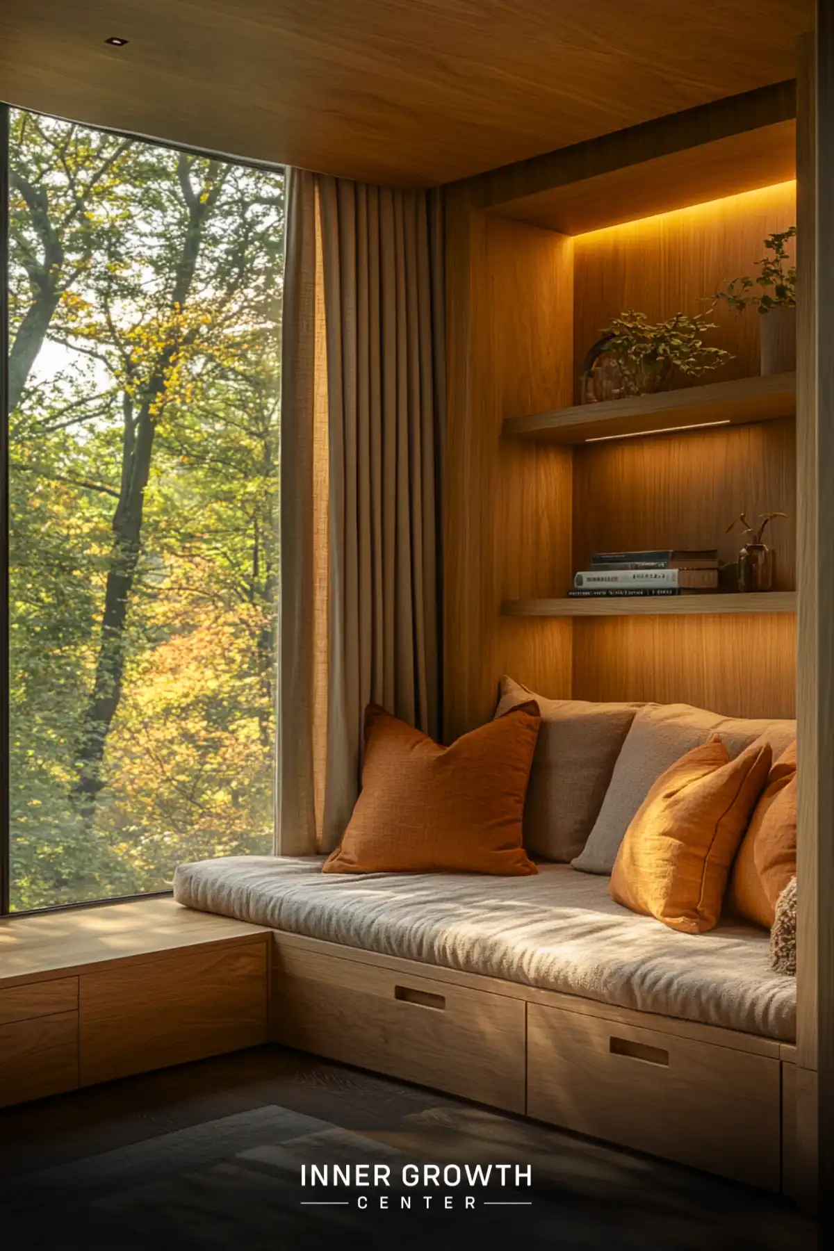 A modern L-shaped window seat with walnut paneling features beige cushions, rust-colored pillows, and floor-to-ceiling windows overlooking autumn trees.