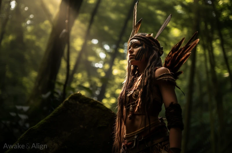 A warrior woman looking up bravely in a forest background.