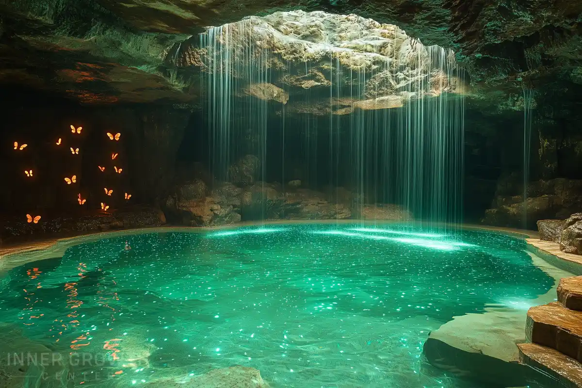 A zen water feature of an underground pool spiritual oasis.