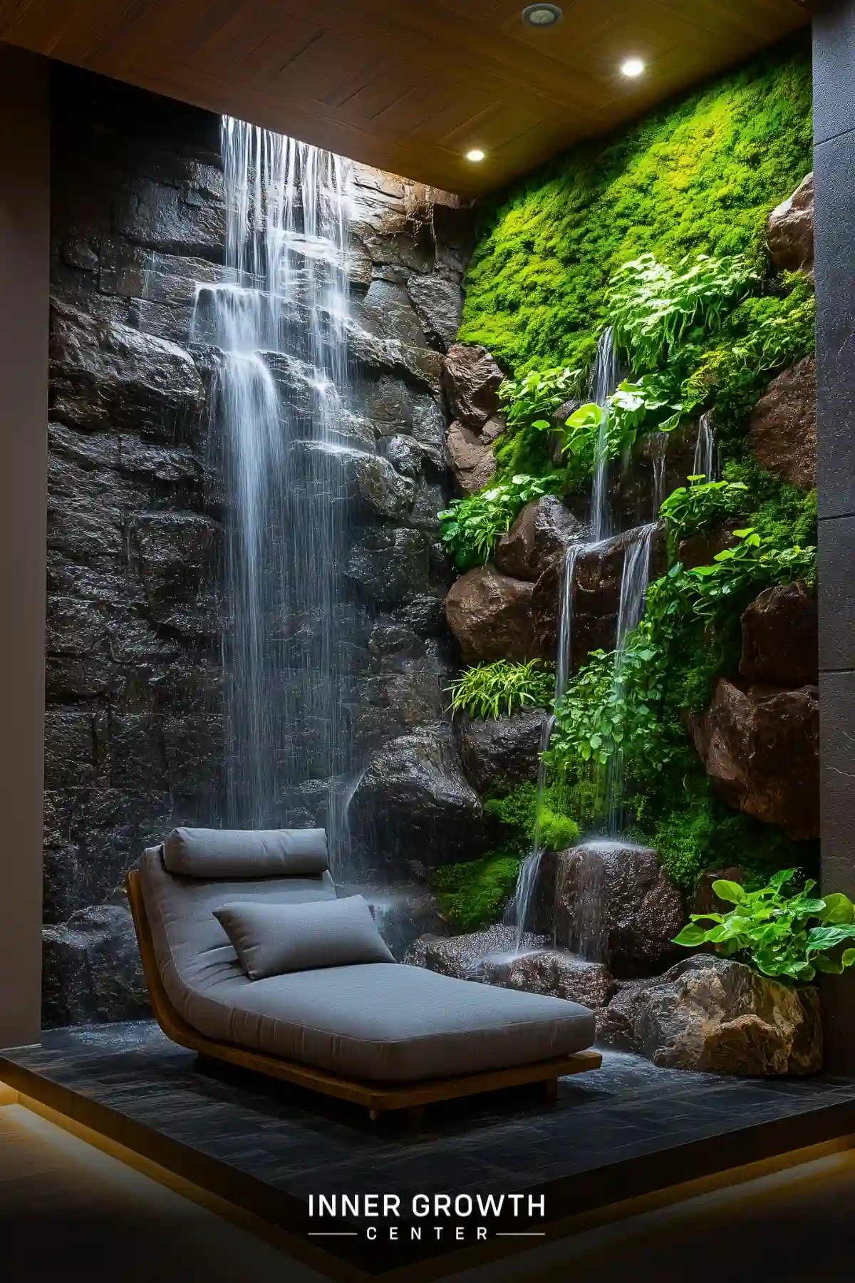 An indoor meditation space featuring a large artificial waterfall, lush green plants, and a comfortable lounge chair.