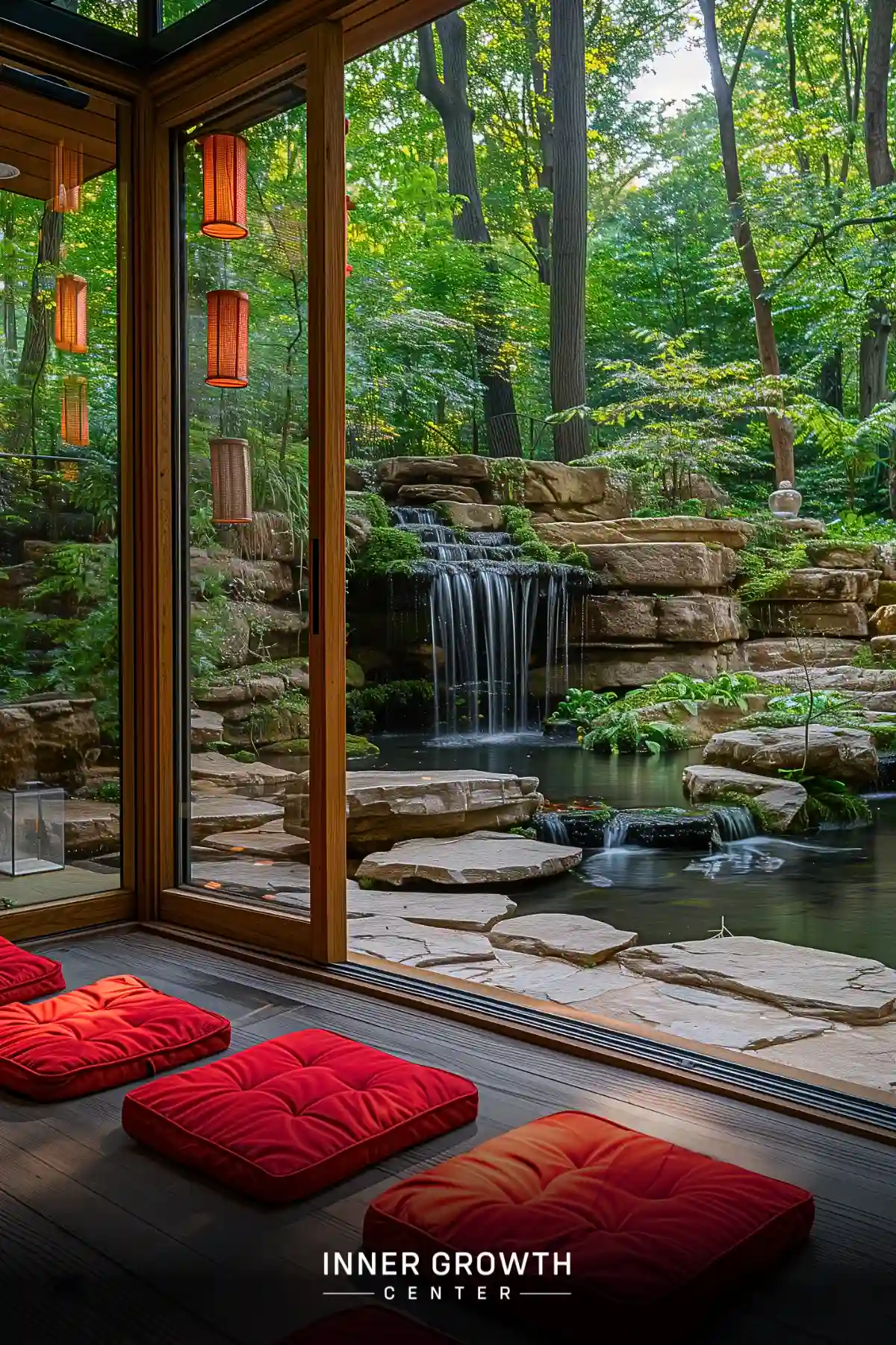 A serene meditation room with large windows overlooking a lush garden and cascading waterfall.