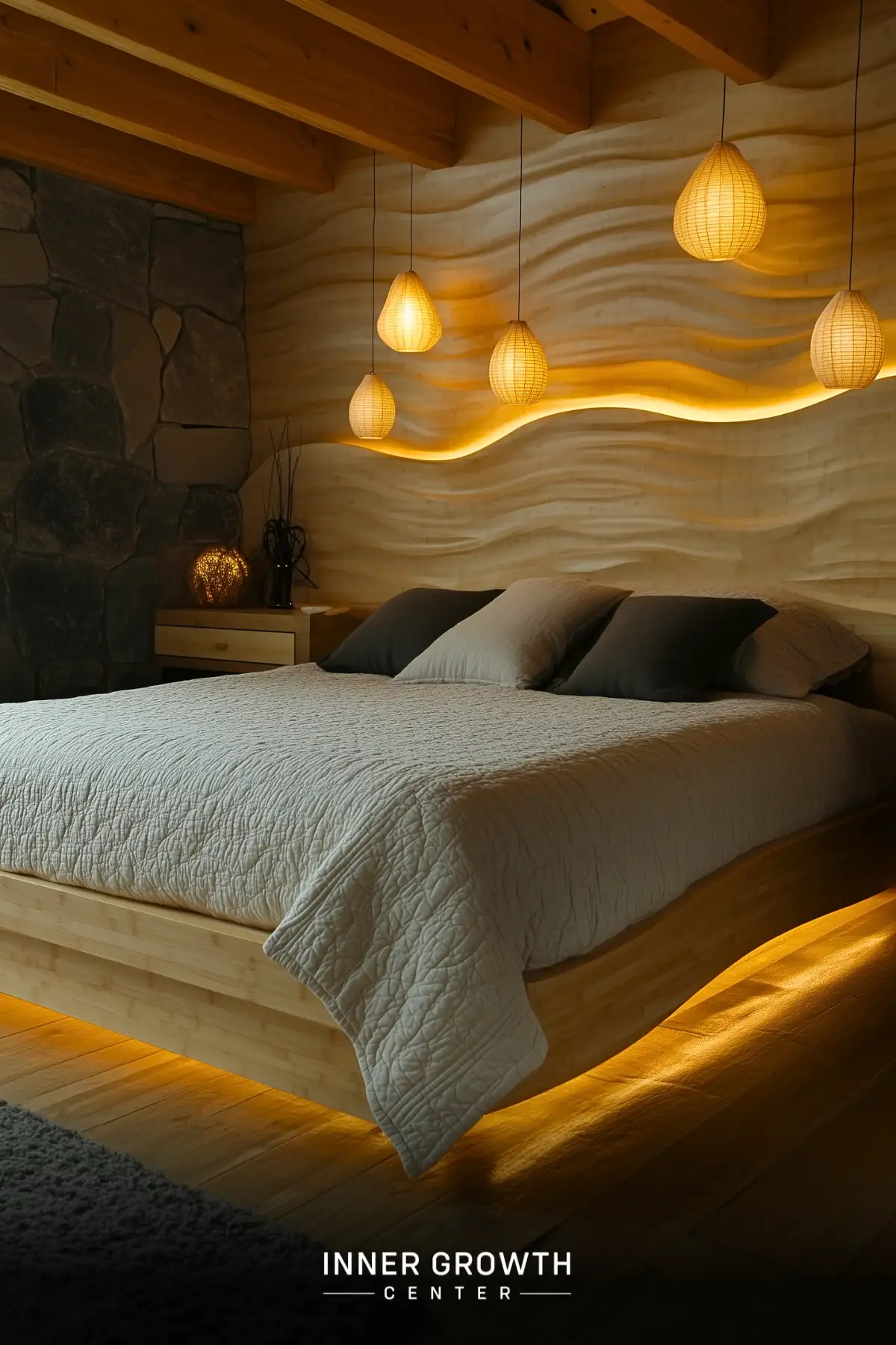 Cozy bedroom with illuminated wavy wall, hanging lanterns, and wooden accents.