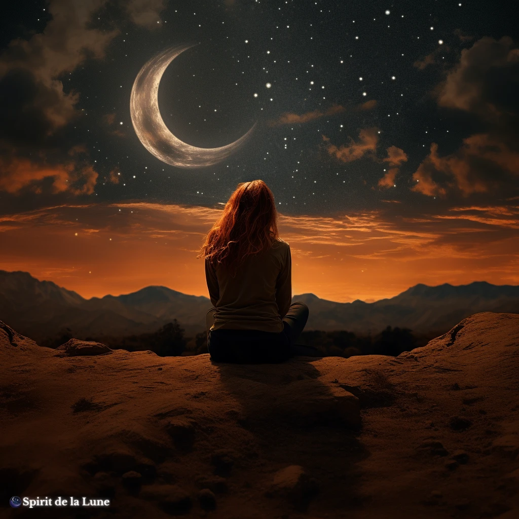 A woman is sitting on the ground looking at the moon and stars, pondering waxing crescent moon affirmations.