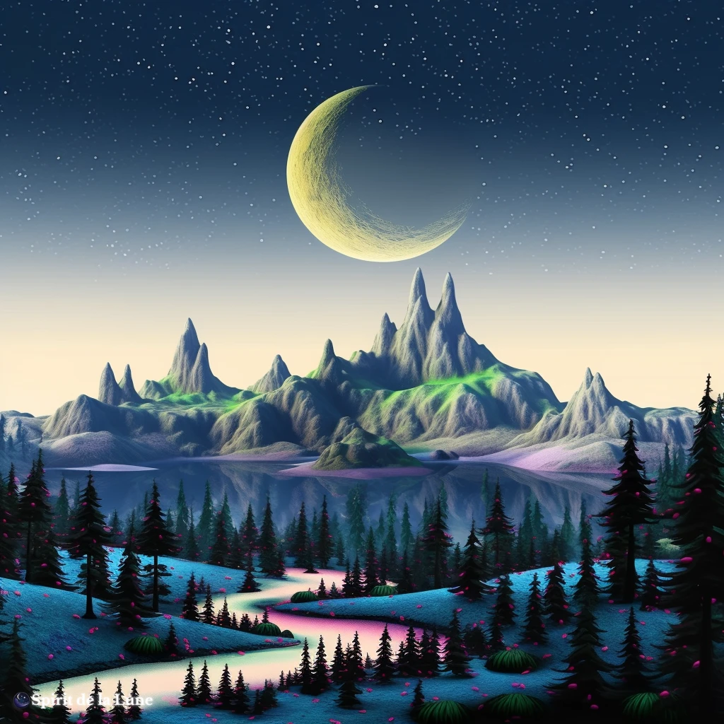 A painting of a mountain landscape with a crescent moon over colorful scenery symbolising waxing crescent moon spiritual meaning