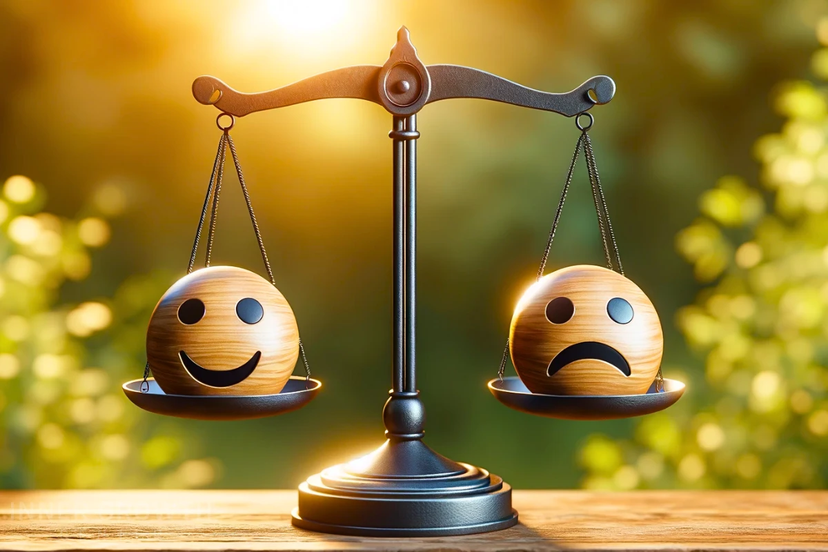 A smiley face and an unhappy face are weighed symbolising the law of polarity impact on emotions.