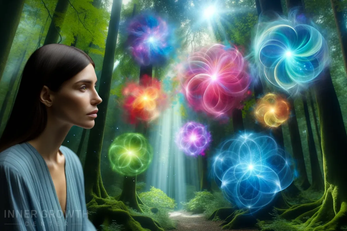 A woman looking at different coloured auras in the forest.