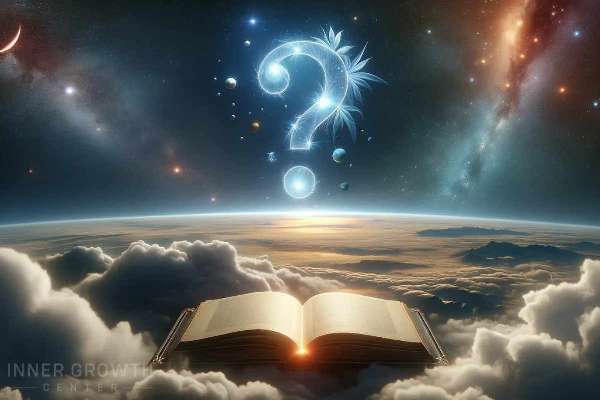 A question mark in the sky, with space and a book open on the clouds.