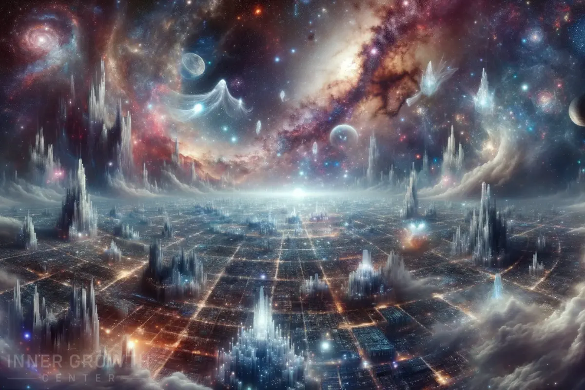 A cosmic backdrop filled with galaxies, stars and ethereal cities of light with spirits travelling between them.