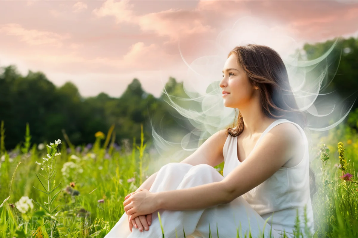 A woman sitting with a white aura.