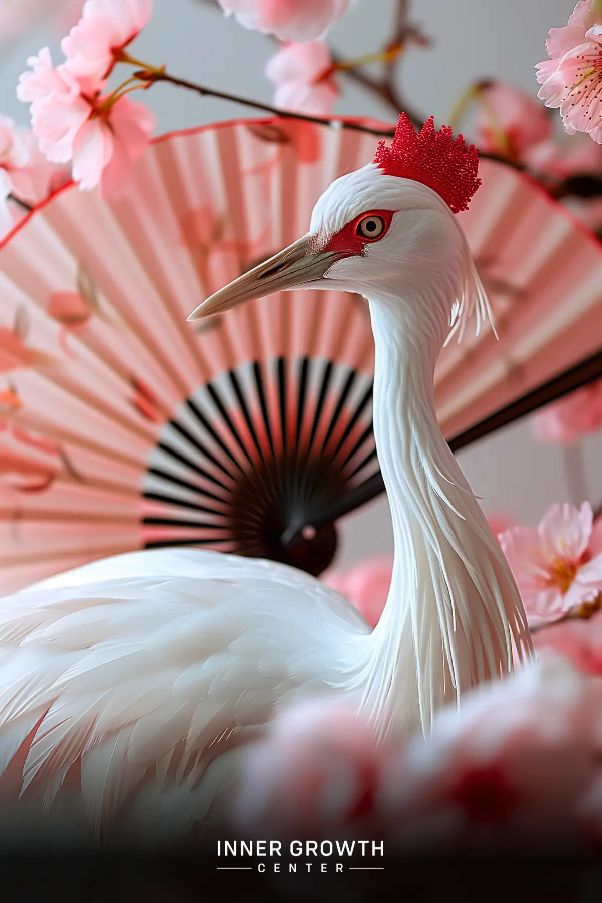 White crane with red crest amid cherry blossoms and Japanese fan.