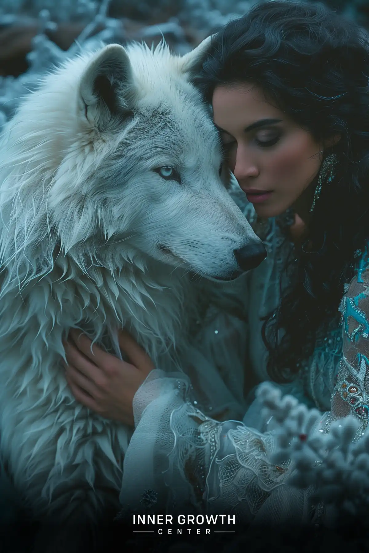 Woman with dark hair embracing a majestic white wolf in a mystical forest setting.