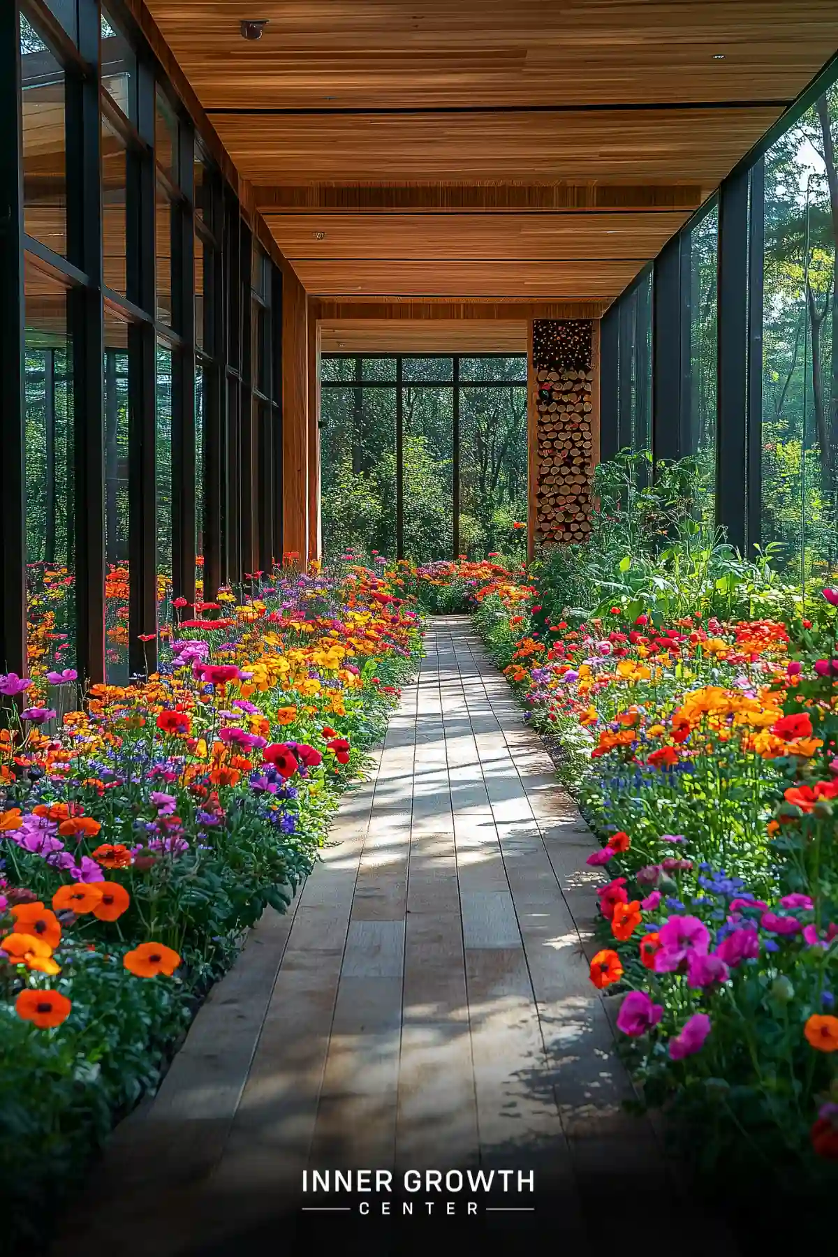 A covered wooden walkway lined with vibrant wildflowers in orange, purple, and yellow, leading through a glass-enclosed garden space.