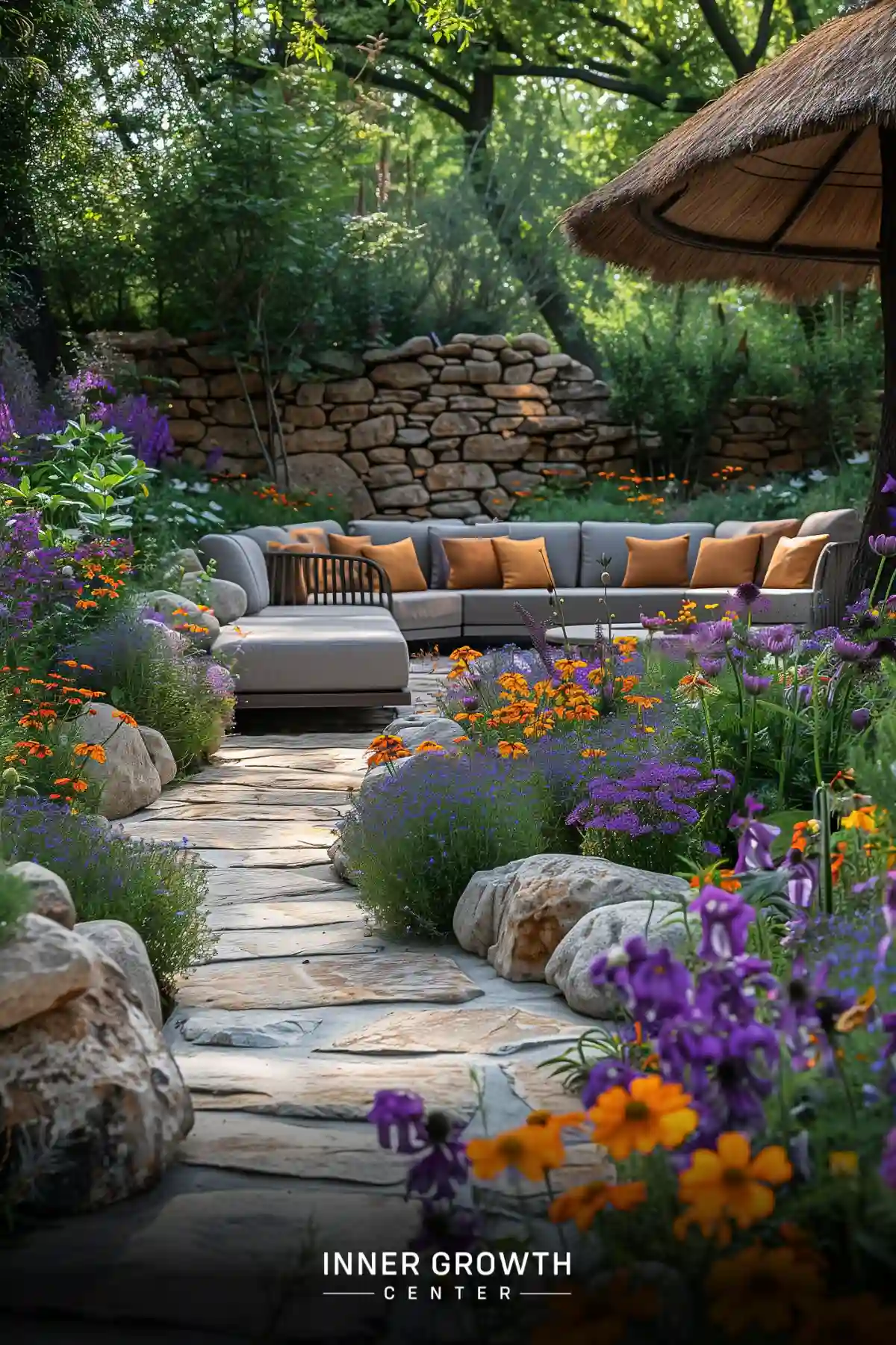 A lush garden with a stone path leading to a cozy seating area surrounded by colorful wildflowers and trees.