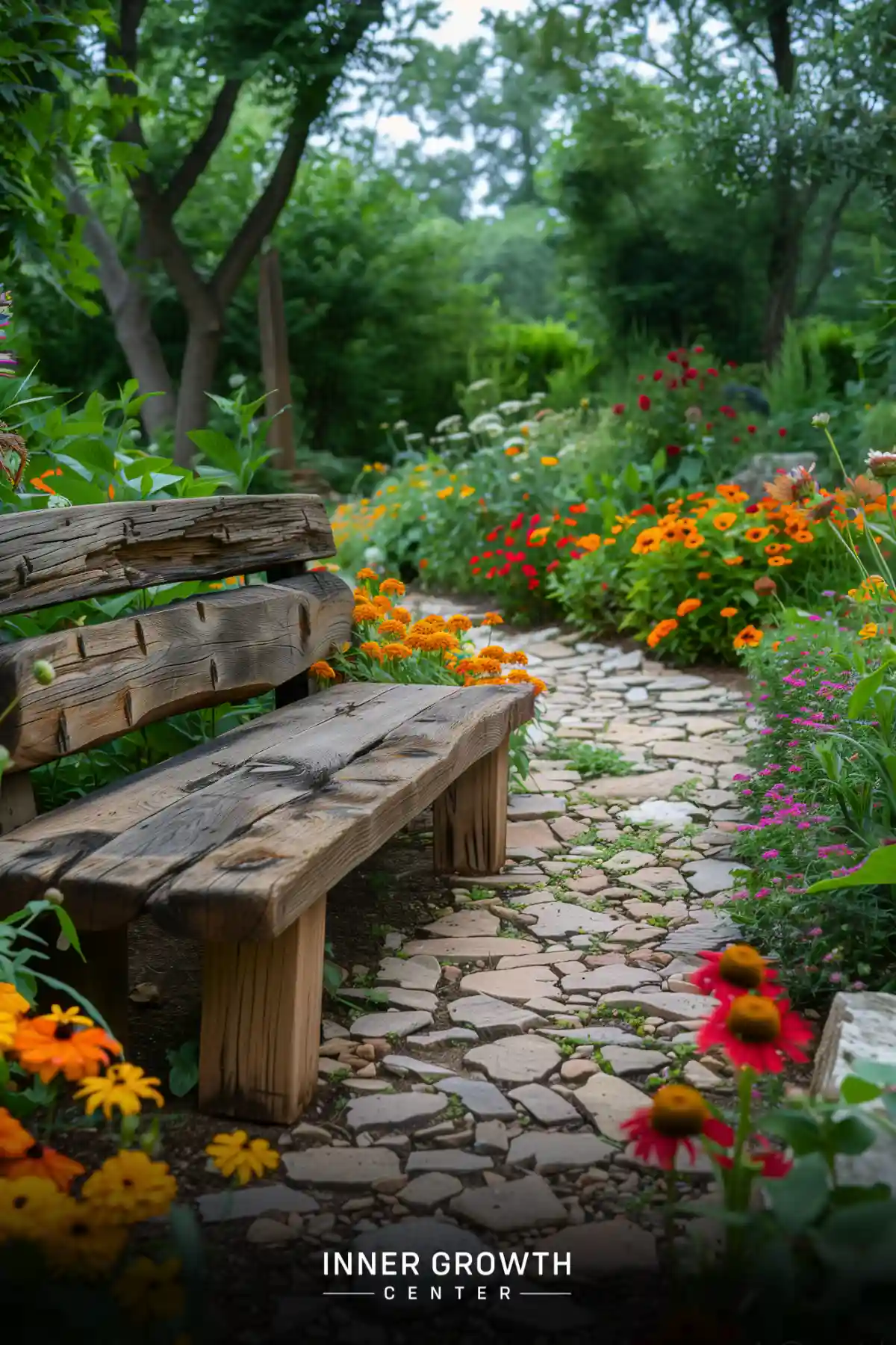 A winding stone path through a vibrant garden with colorful wildflowers and a rustic wooden bench.