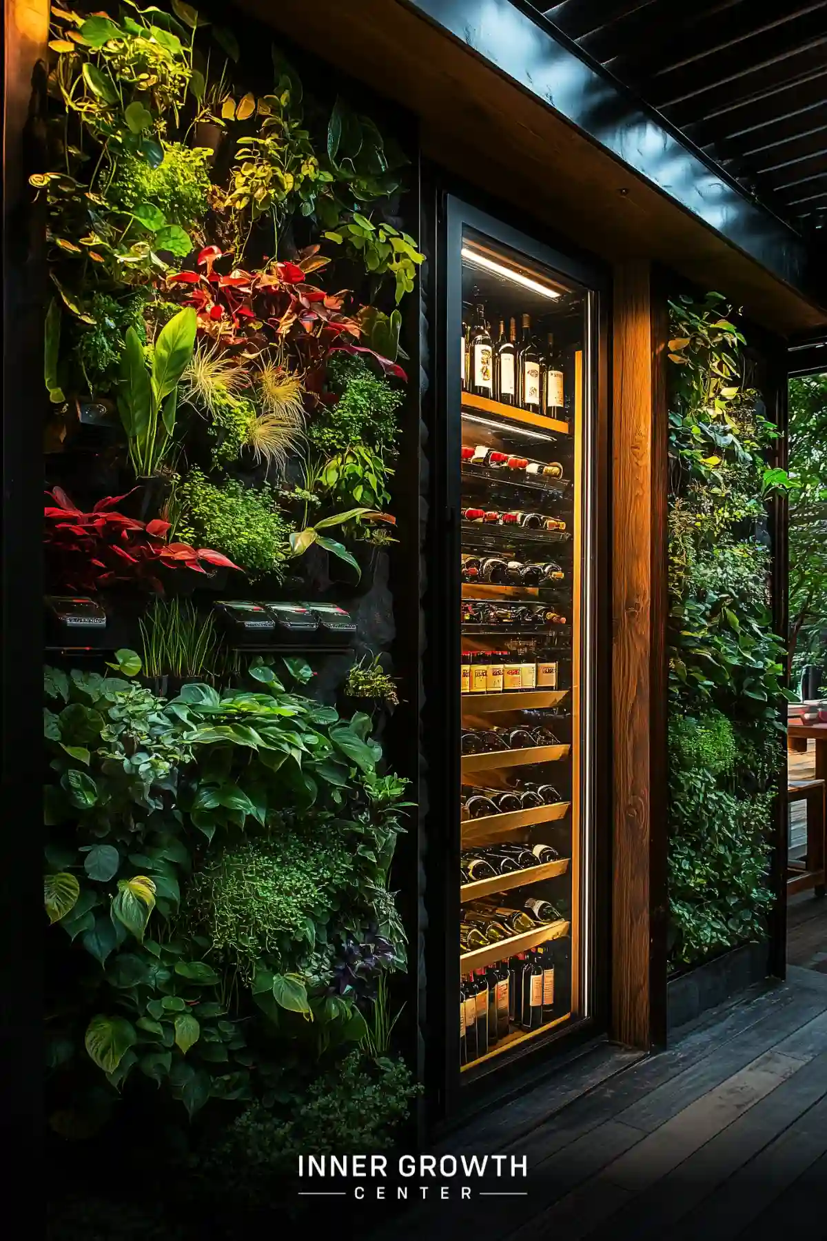 Living wall installation flanking an illuminated wine cellar display, featuring lush greenery and bright red tropical plants against dark wood.