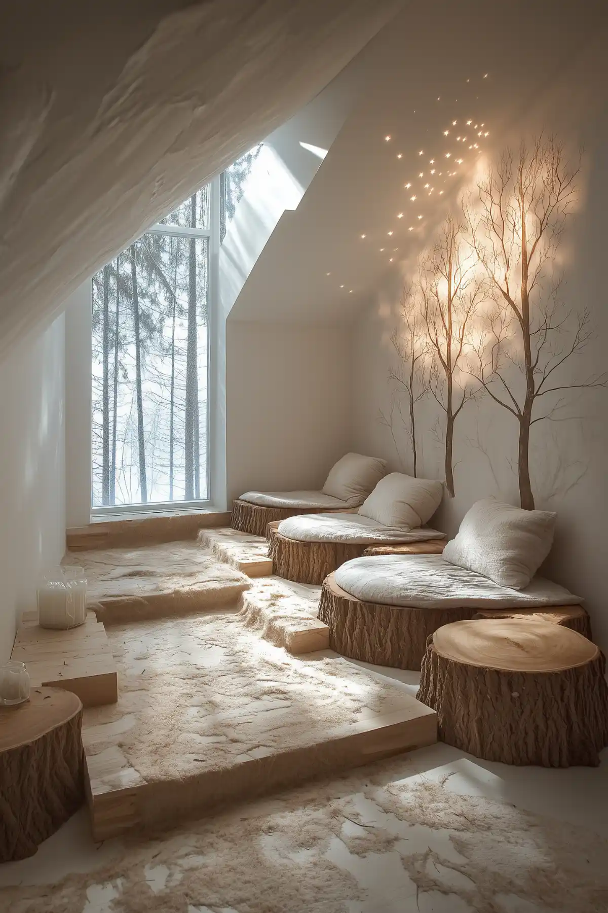 Cozy attic meditation space with tree stump seats, forest view, and twinkling lights.