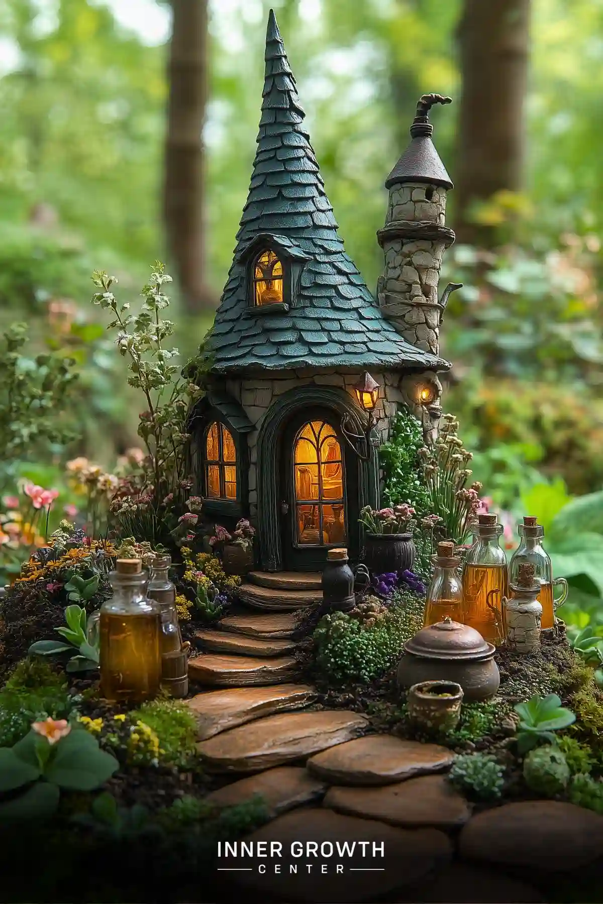 A miniature stone cottage with a tall pointed green roof and crooked tower, surrounded by glowing potion bottles and flowering plants along a stepping stone path.