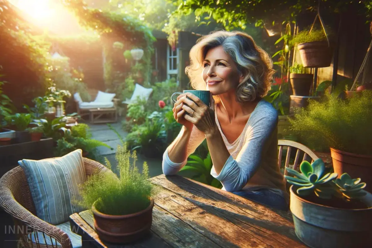 A woman holding a coffee cup, sitting in her garden outside.