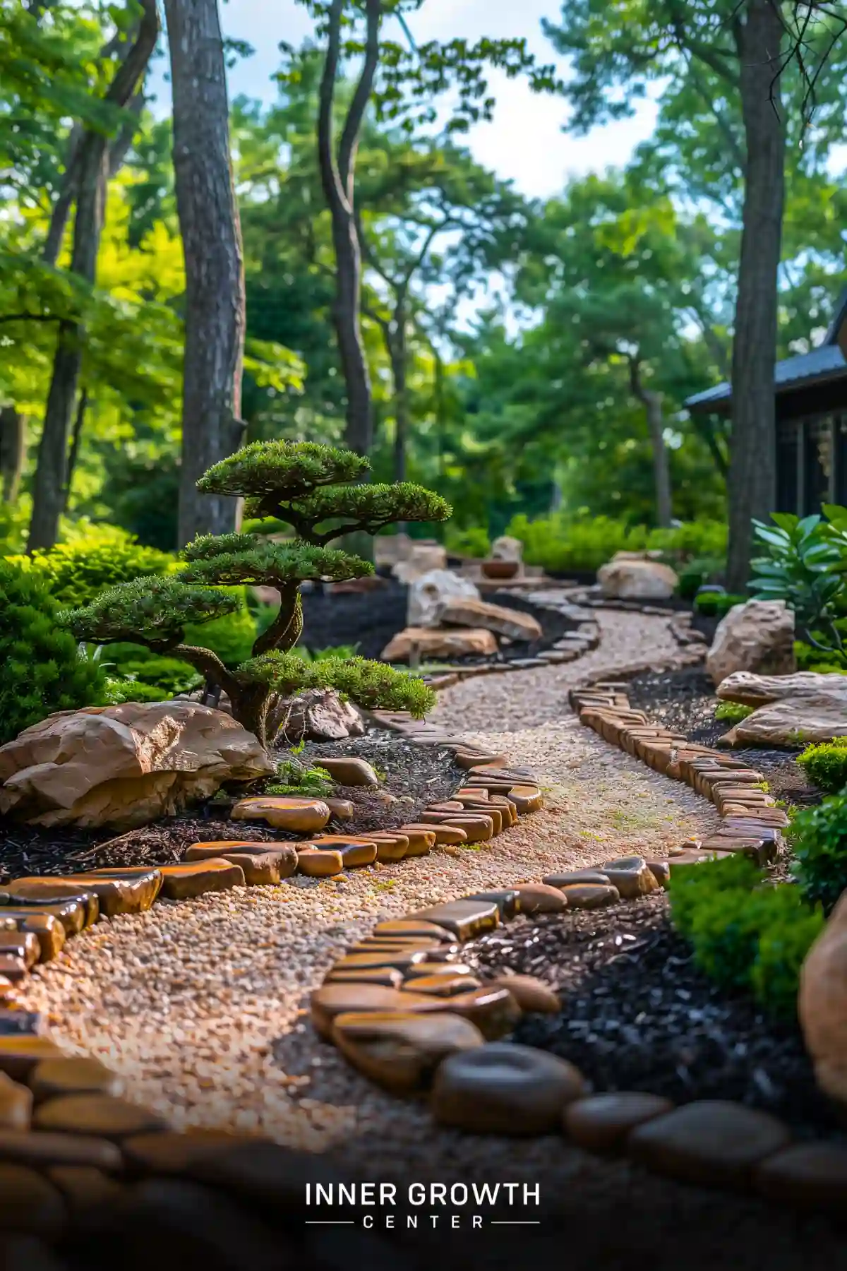 Serene garden path lined with stones and bonsai trees in a wooded setting