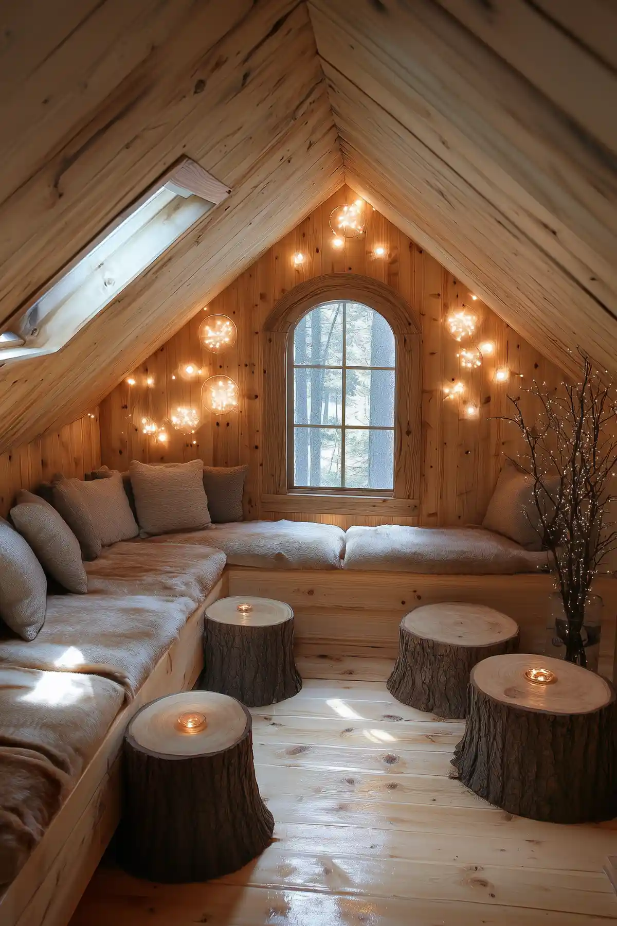 Wooden attic space with comfortable seating, fairy lights, and tree stump tables for meditation