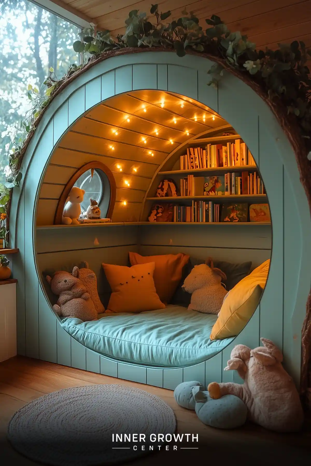 A cozy circular reading nook with mint green paneling, string lights, built-in bookshelves, and woodland creature plush toys.