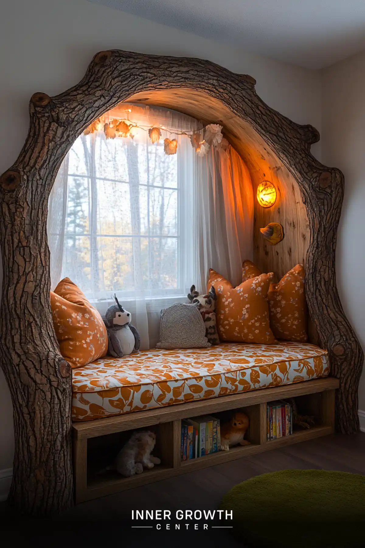 A window seat framed by a realistic tree trunk design features orange floral cushions, soft lighting, and built-in storage, creating a cozy forest-themed reading space.