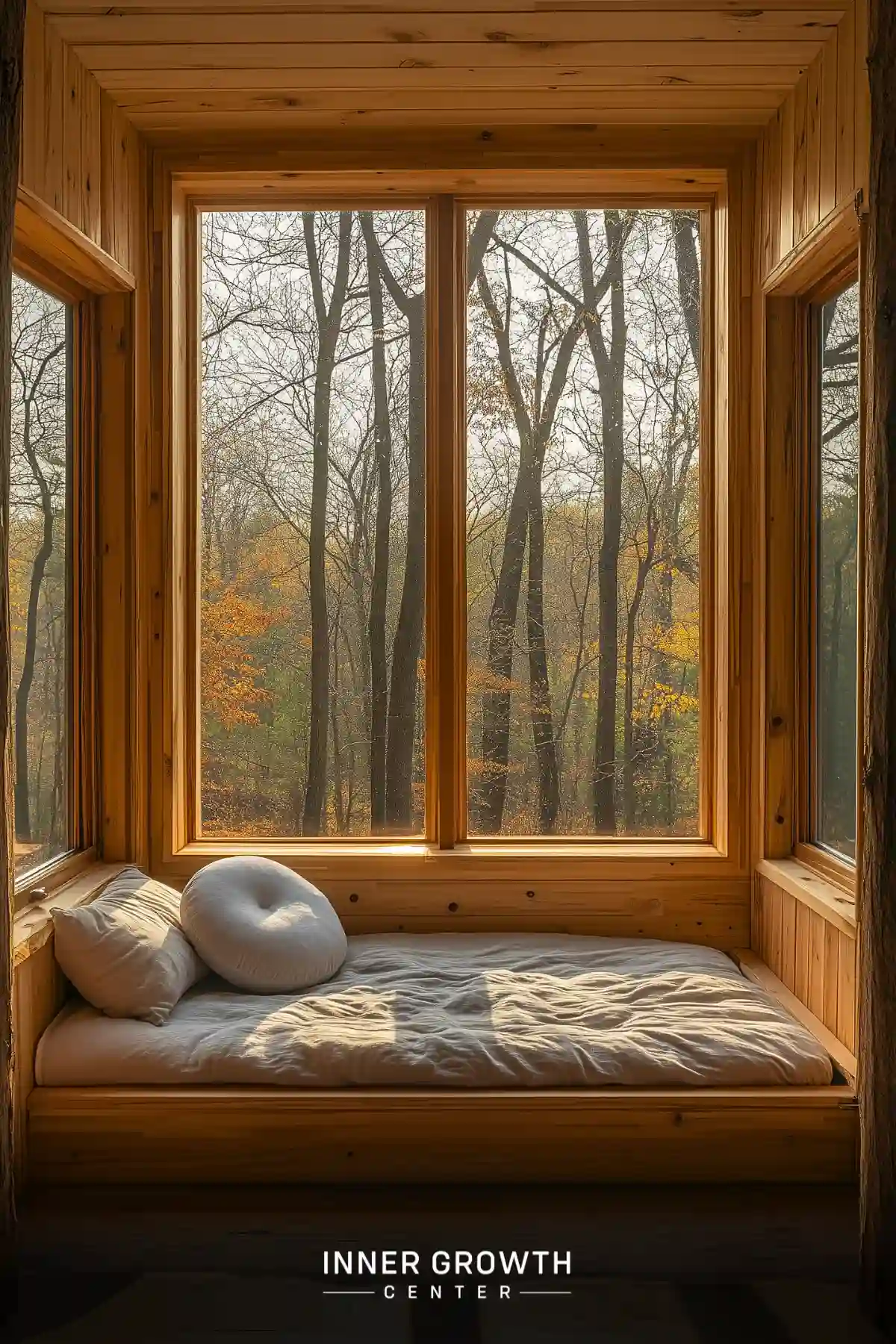 A cozy pine-paneled window bay with cream cushions overlooking bare winter trees and autumn foliage